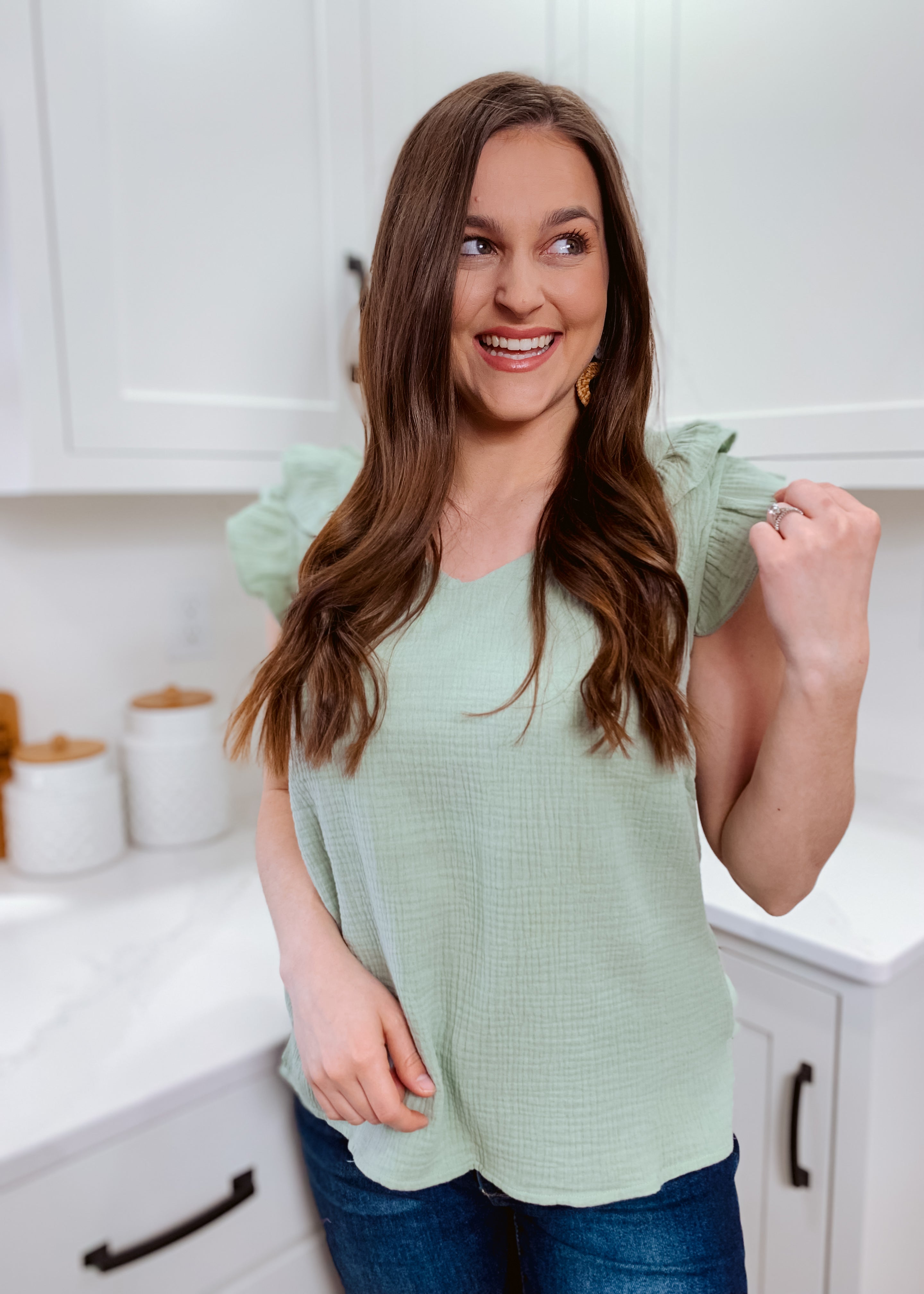 Sage gauze short sleeve top