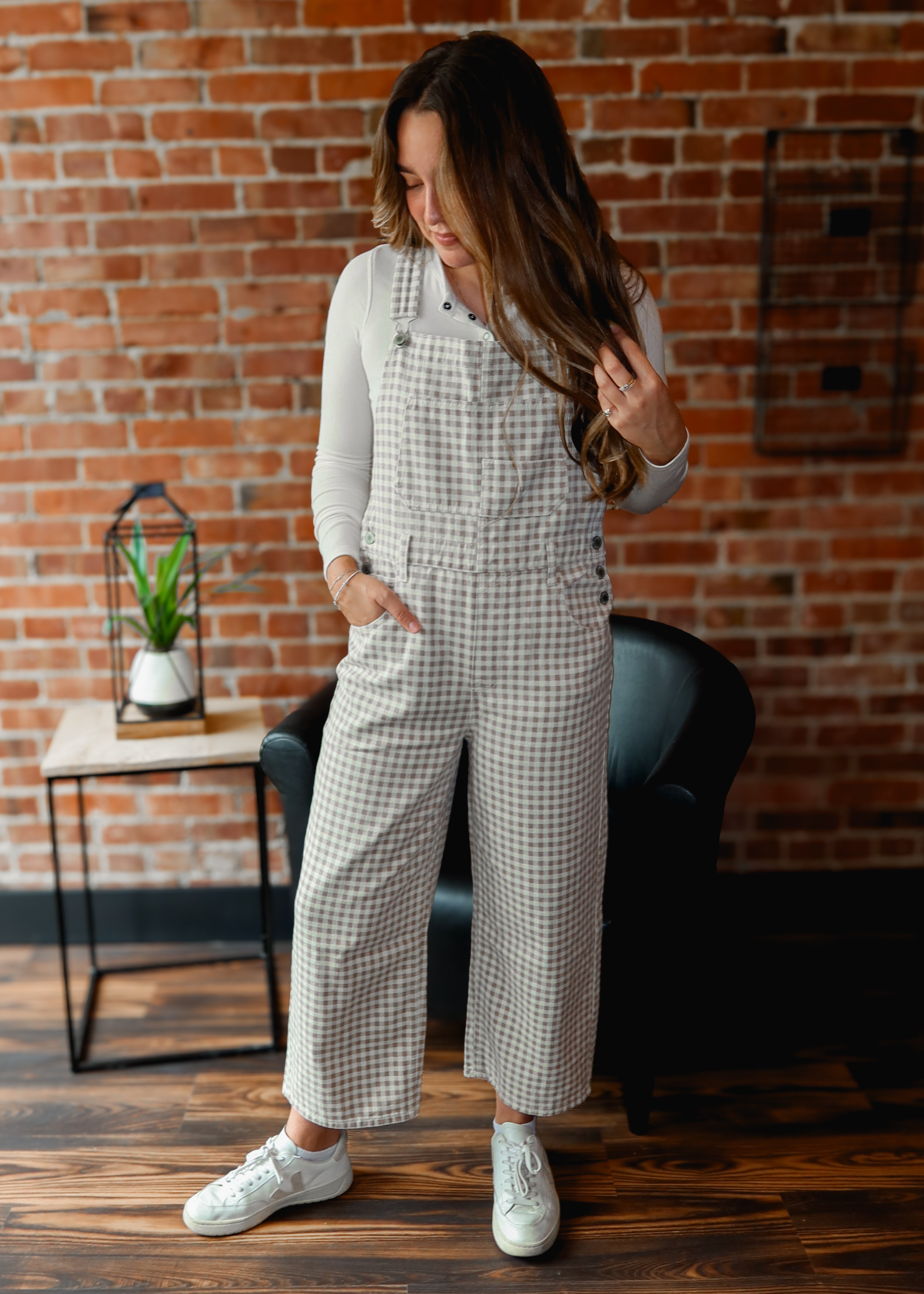 Happiness Trails Boutique - Cream/Taupe gingham denim overalls