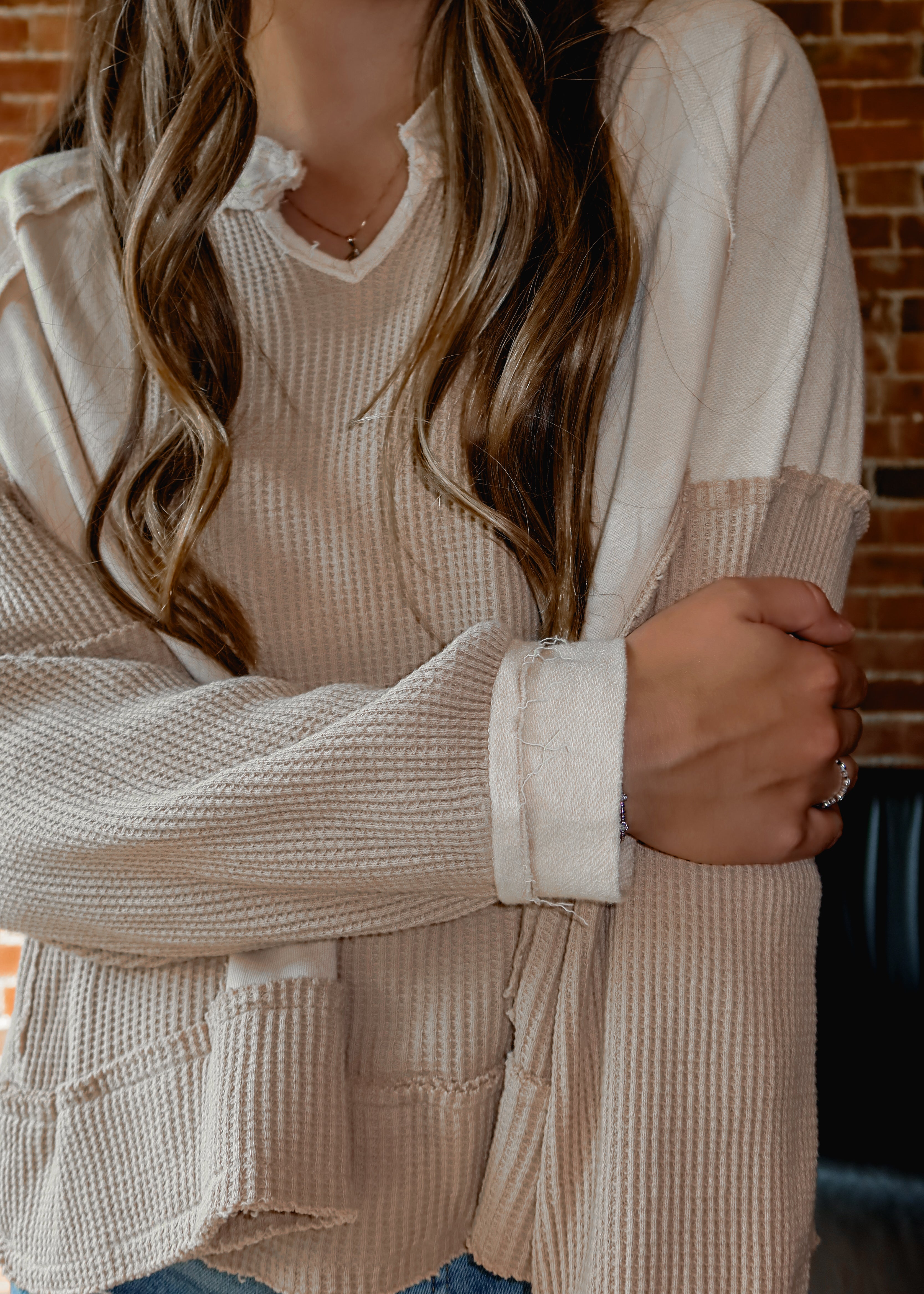 Happiness Trails Boutique - Beige mixed fabric knit long sleeve top