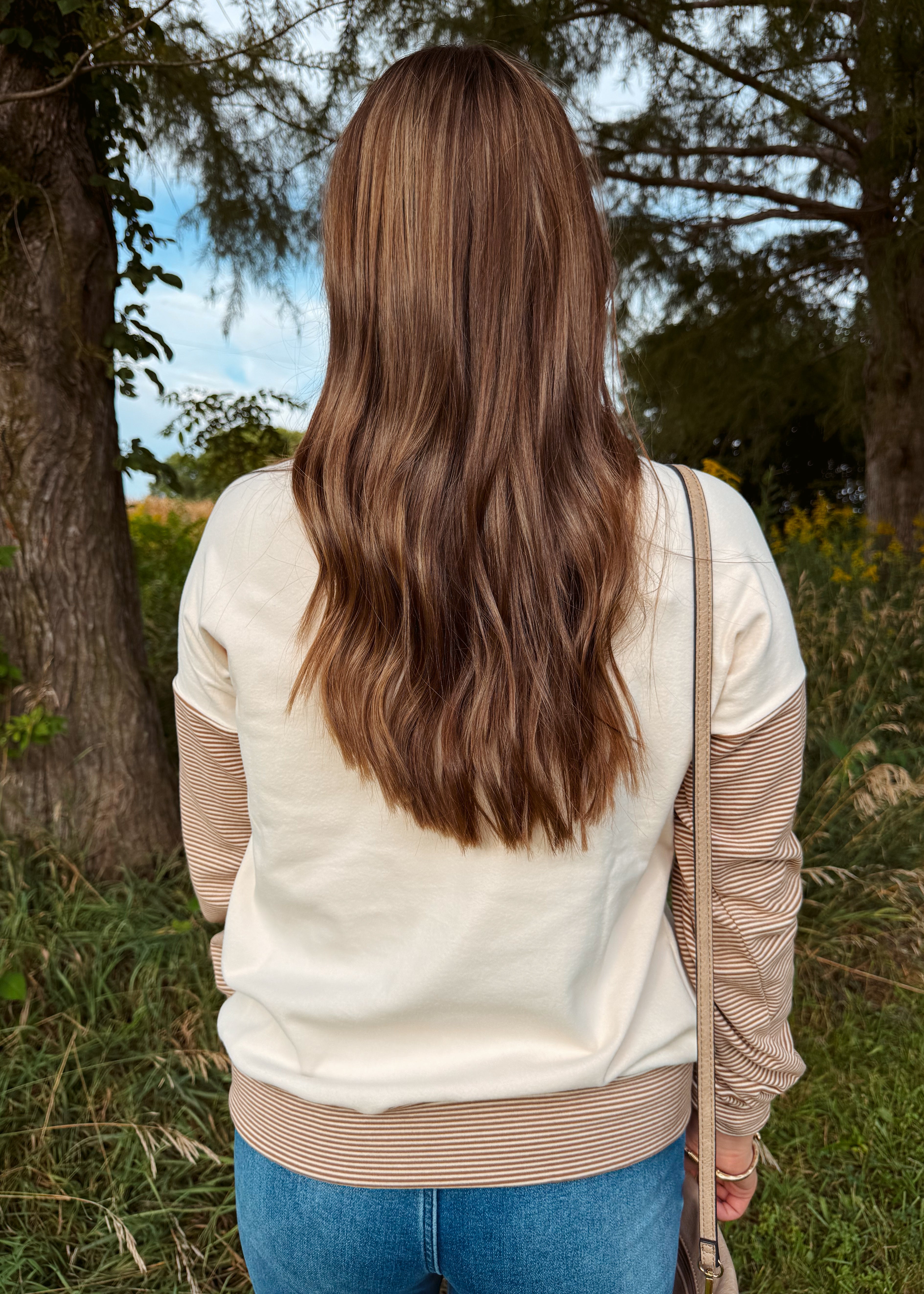 Happiness Trails Boutique - Ivory sweatshirt with camel stripe detailing on the sleeves and waistband