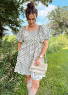 Happiness Trails Boutique - A soft neutral oatmeal tone beautifully complemented by blue floral accents dress