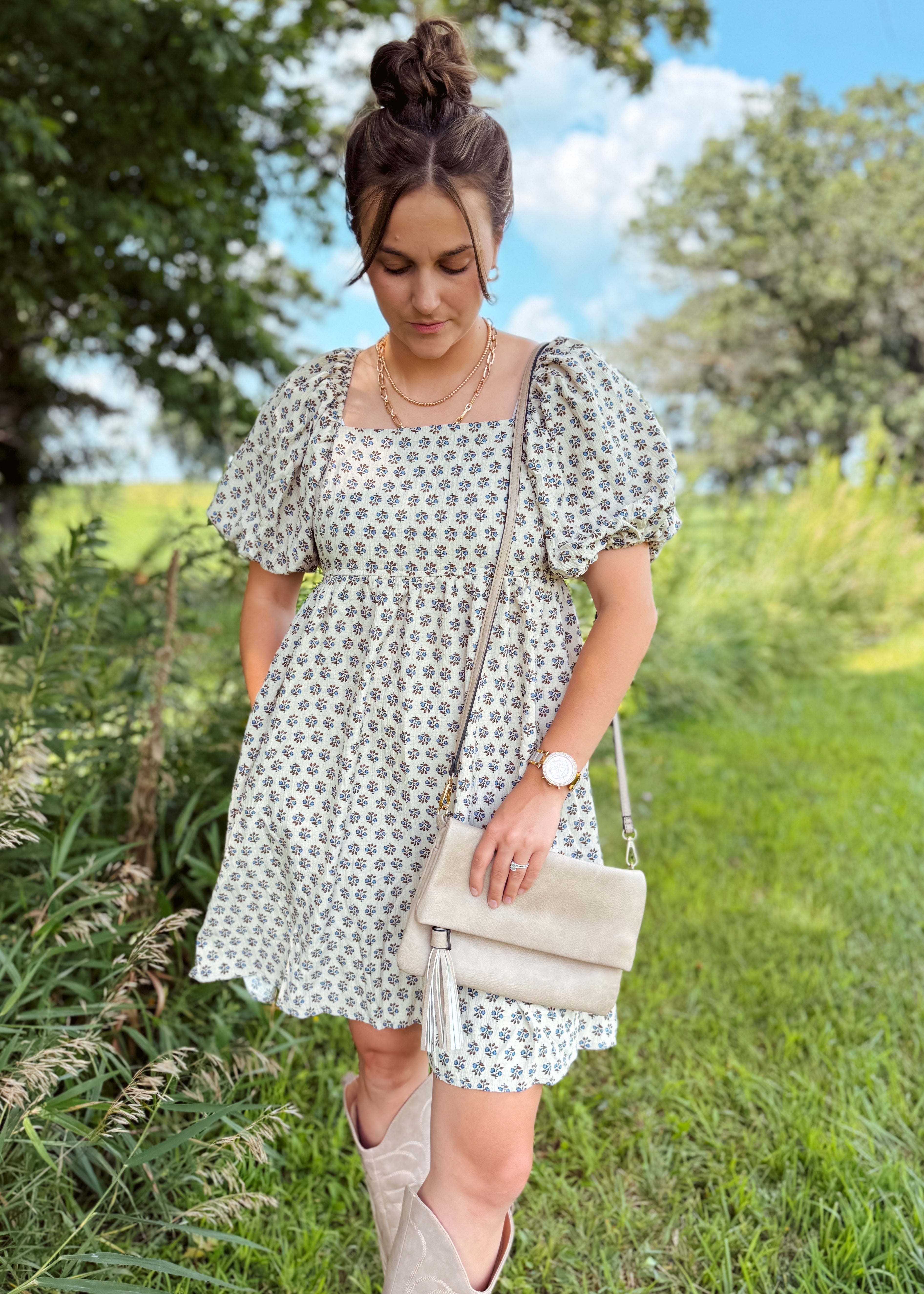 Happiness Trails Boutique - A soft neutral oatmeal tone beautifully complemented by blue floral accents dress