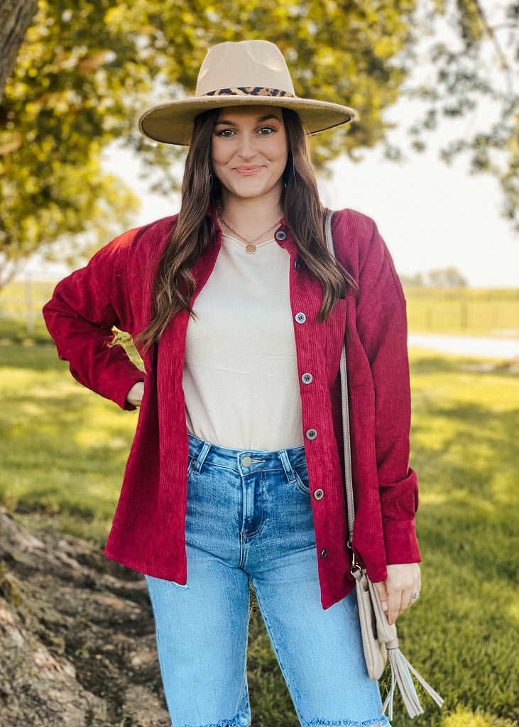 Burgundy corduroy shacket