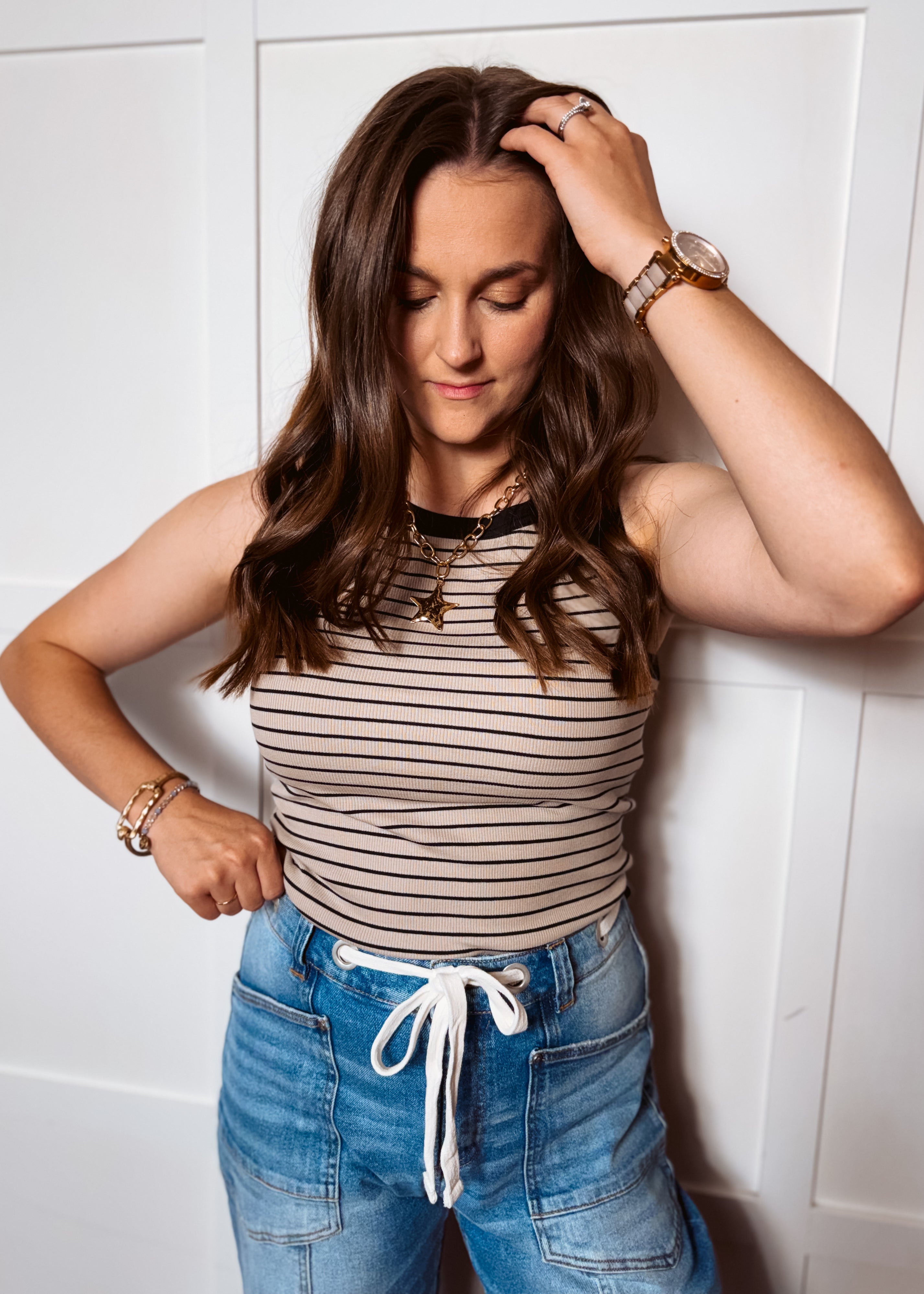 Happiness Trails Boutique - Taupe tank with black stripes