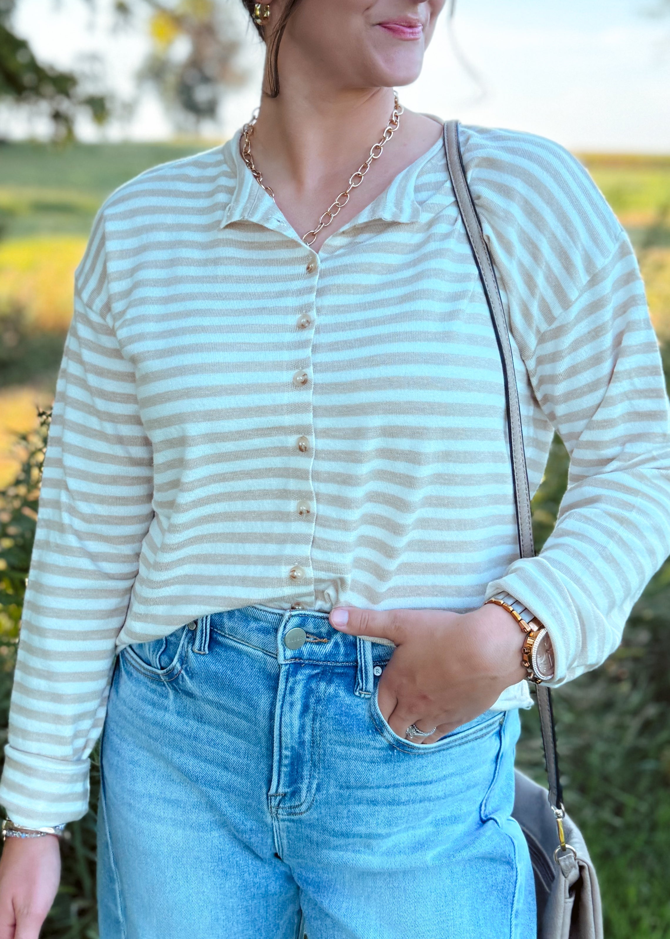 Happiness Trails Boutique - Beige cardigan top with off white stripes