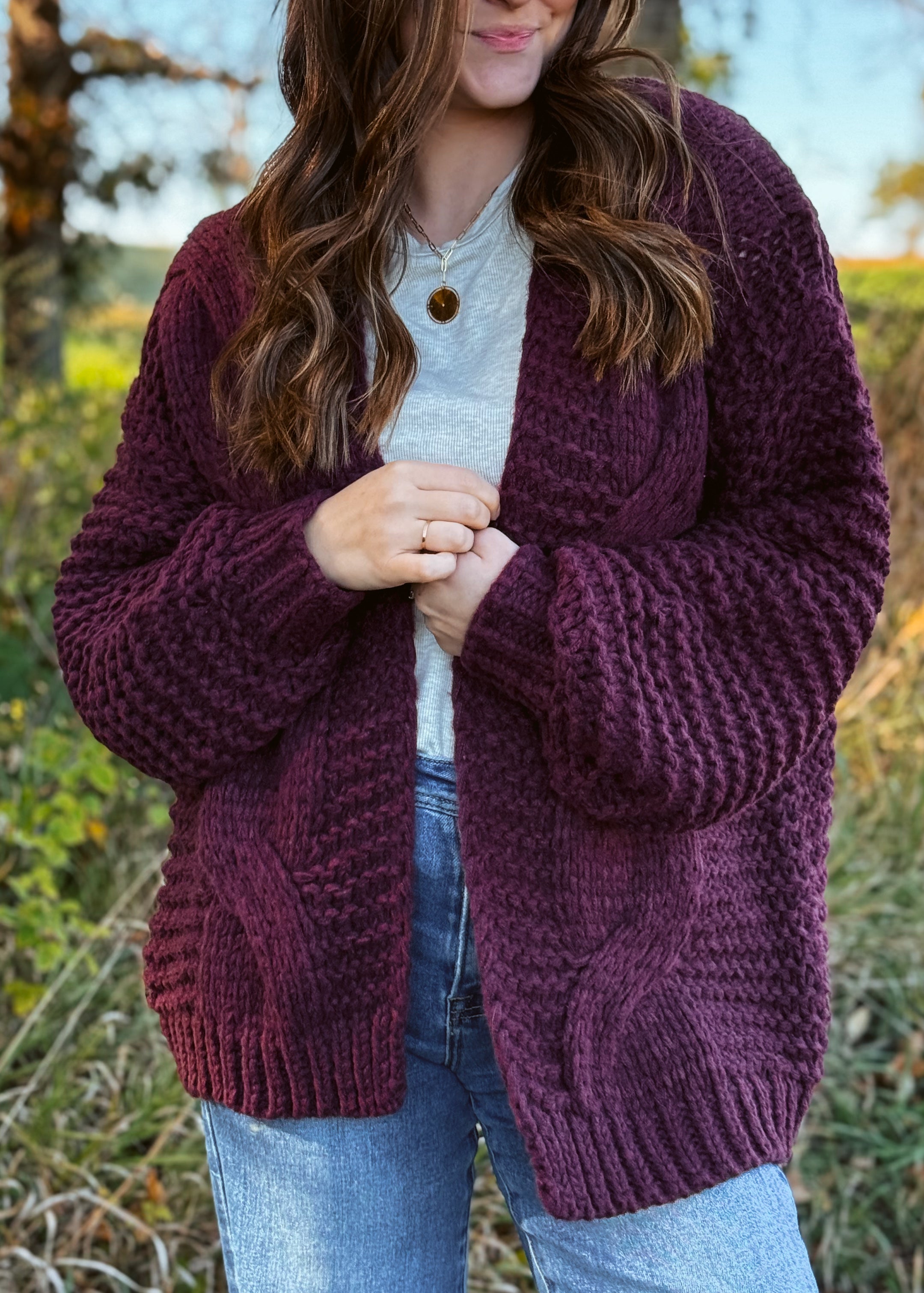 Happiness Trails Boutique - Maroon chunky cable knit cardigan