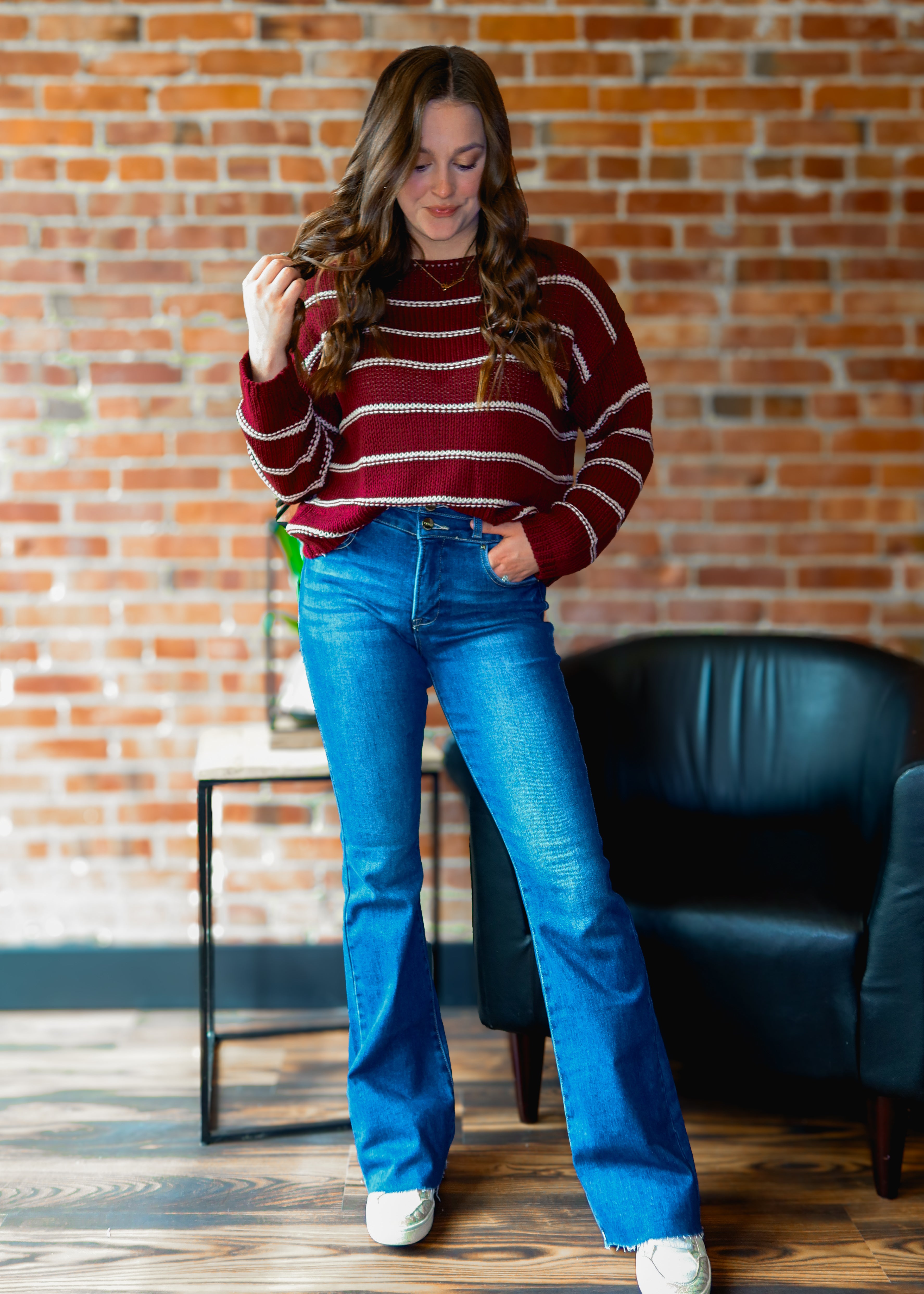 Happiness Trails Boutique - Wine/cream striped knitted sweater