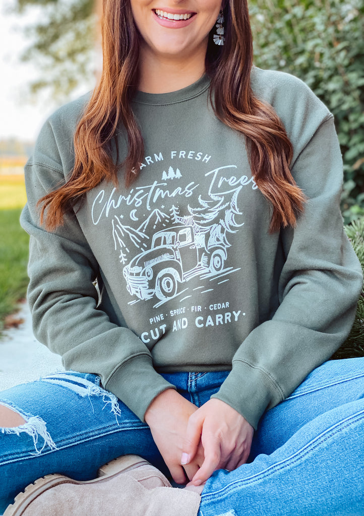 Farm Fresh Christmas Trees with Vintage Truck Graphic Sweatshirt