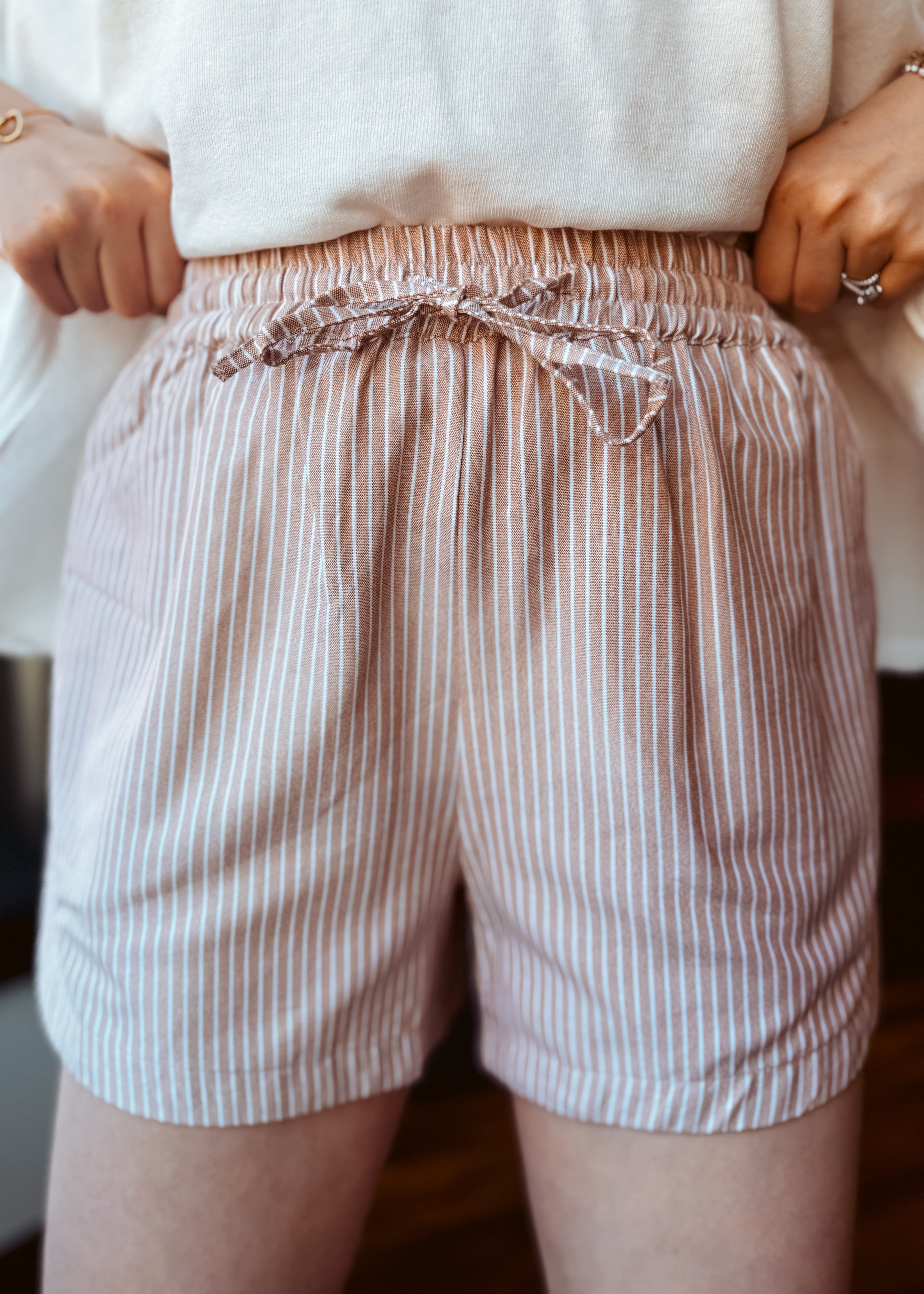 Happiness Trails Boutique - Camel and white striped shorts