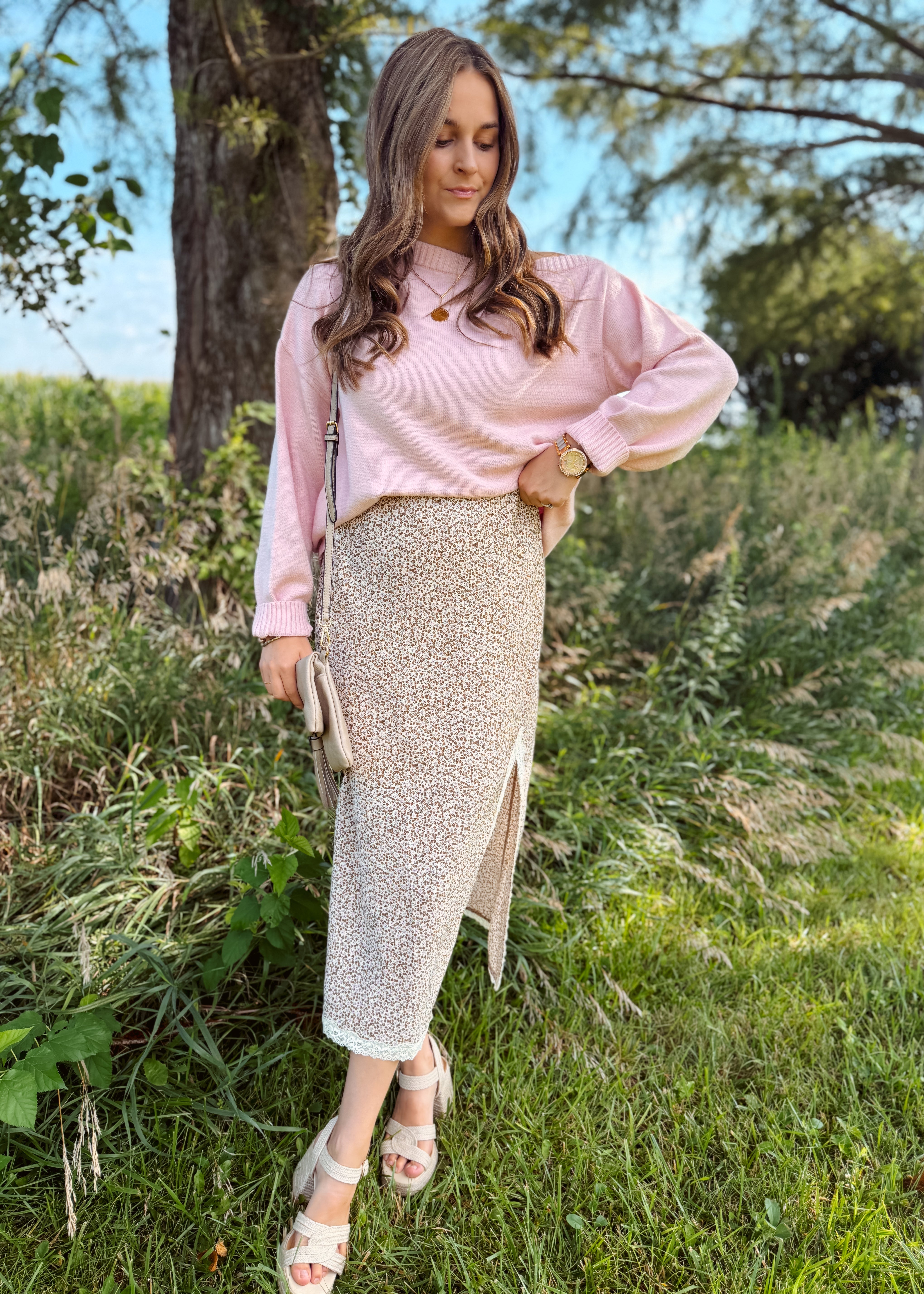 Happiness Trails Boutique - Mocha/pink floral midi skirt
