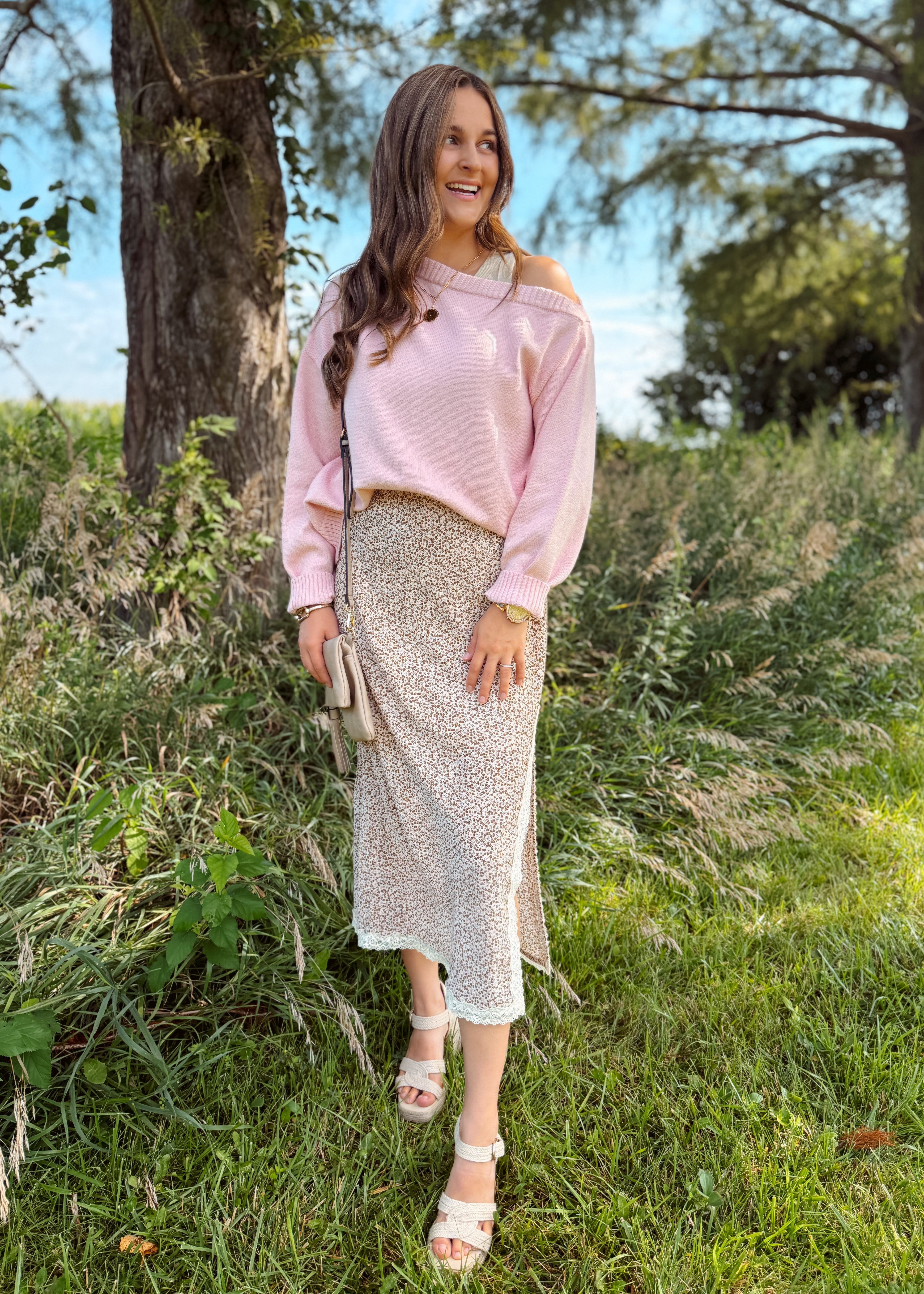Happiness Trails Boutique - Mocha/pink floral midi skirt