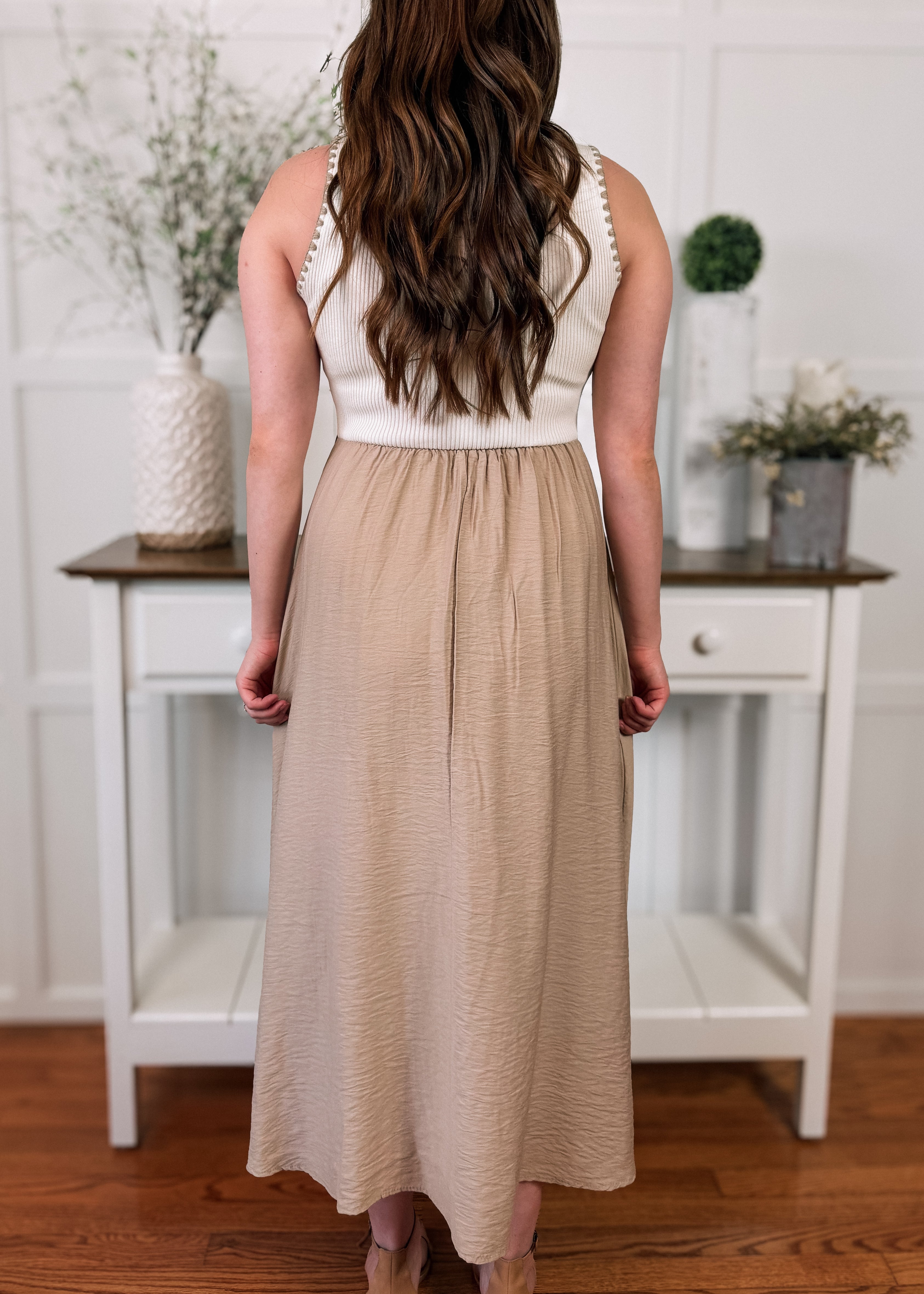 Happiness Trails Boutique - Ivory/tan midi dress