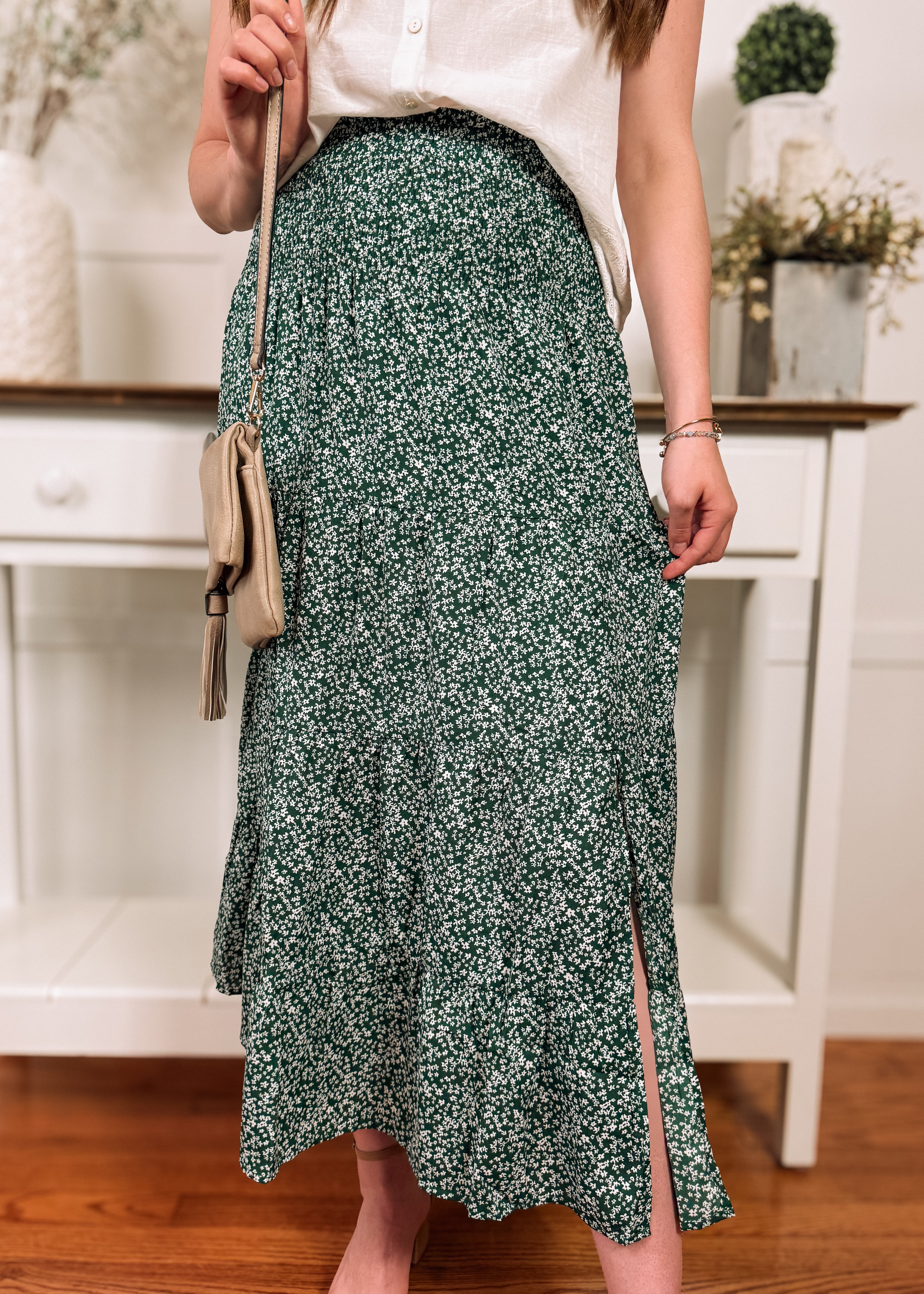 Happiness Trails Boutique - Green midi skirt with white floral