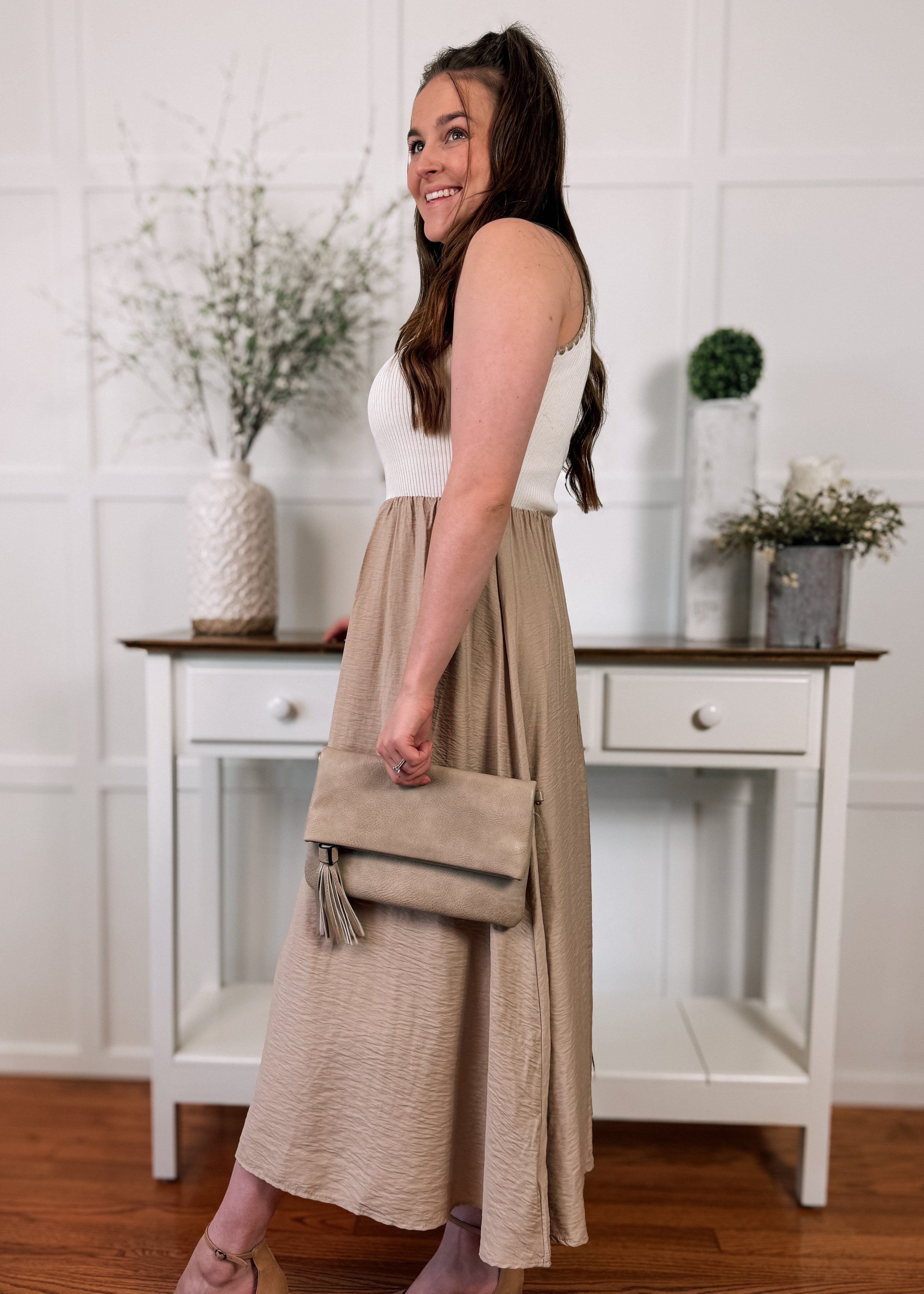 Happiness Trails Boutique - Ivory/tan midi dress