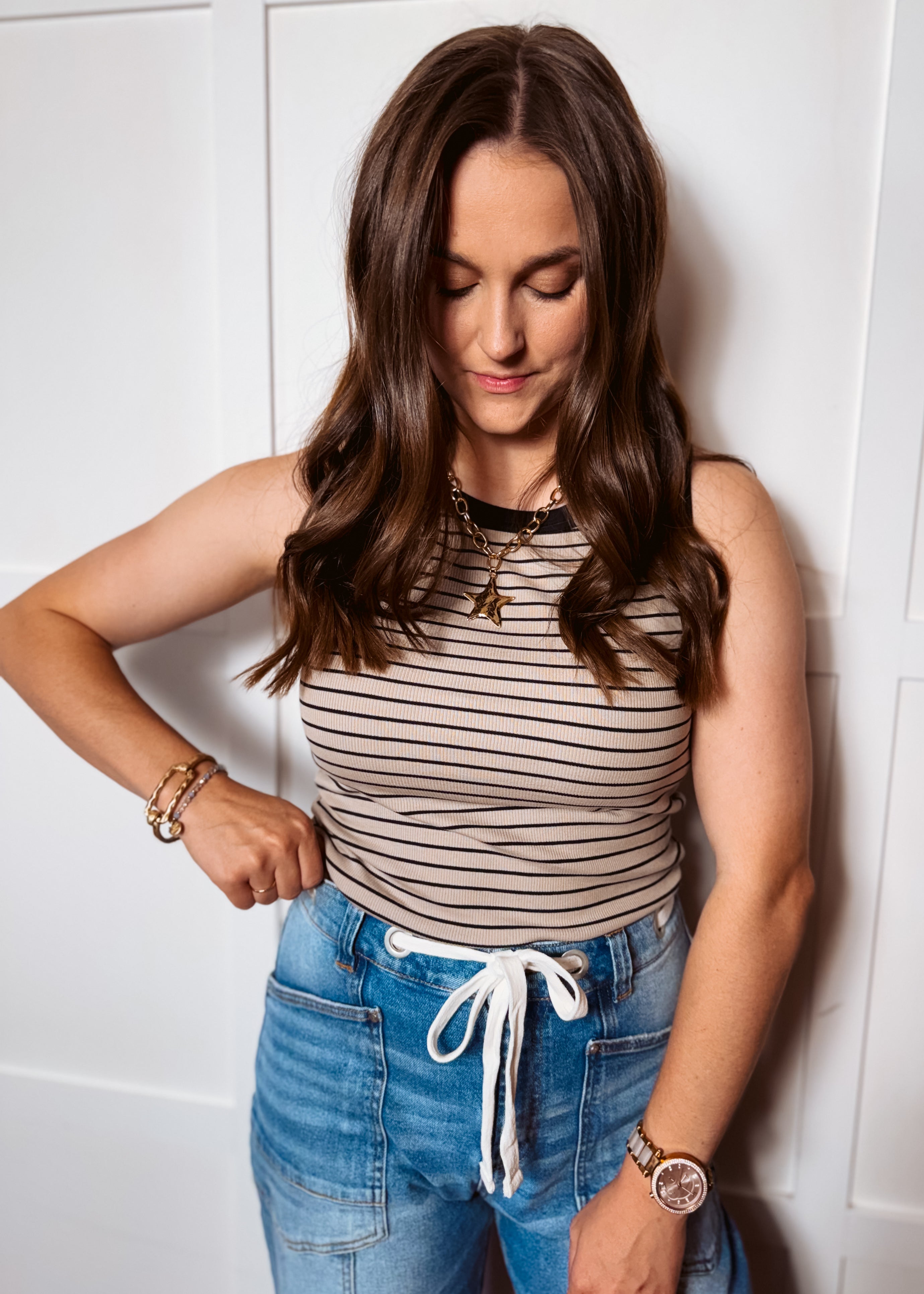 Happiness Trails Boutique - Taupe tank with black stripes