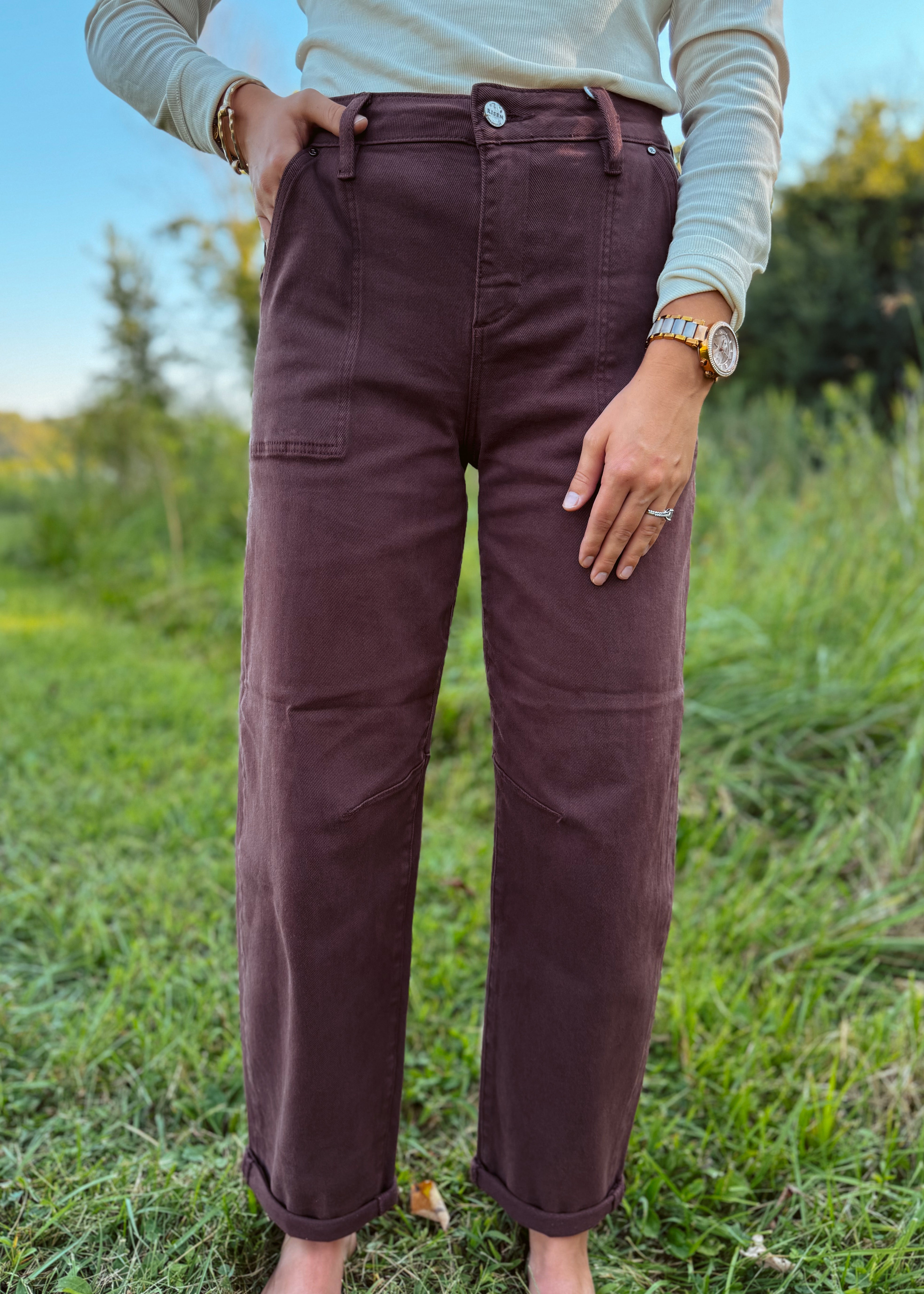 Happiness Trails Boutique - Risen Choco Brown Cuffed Barrel Jeans