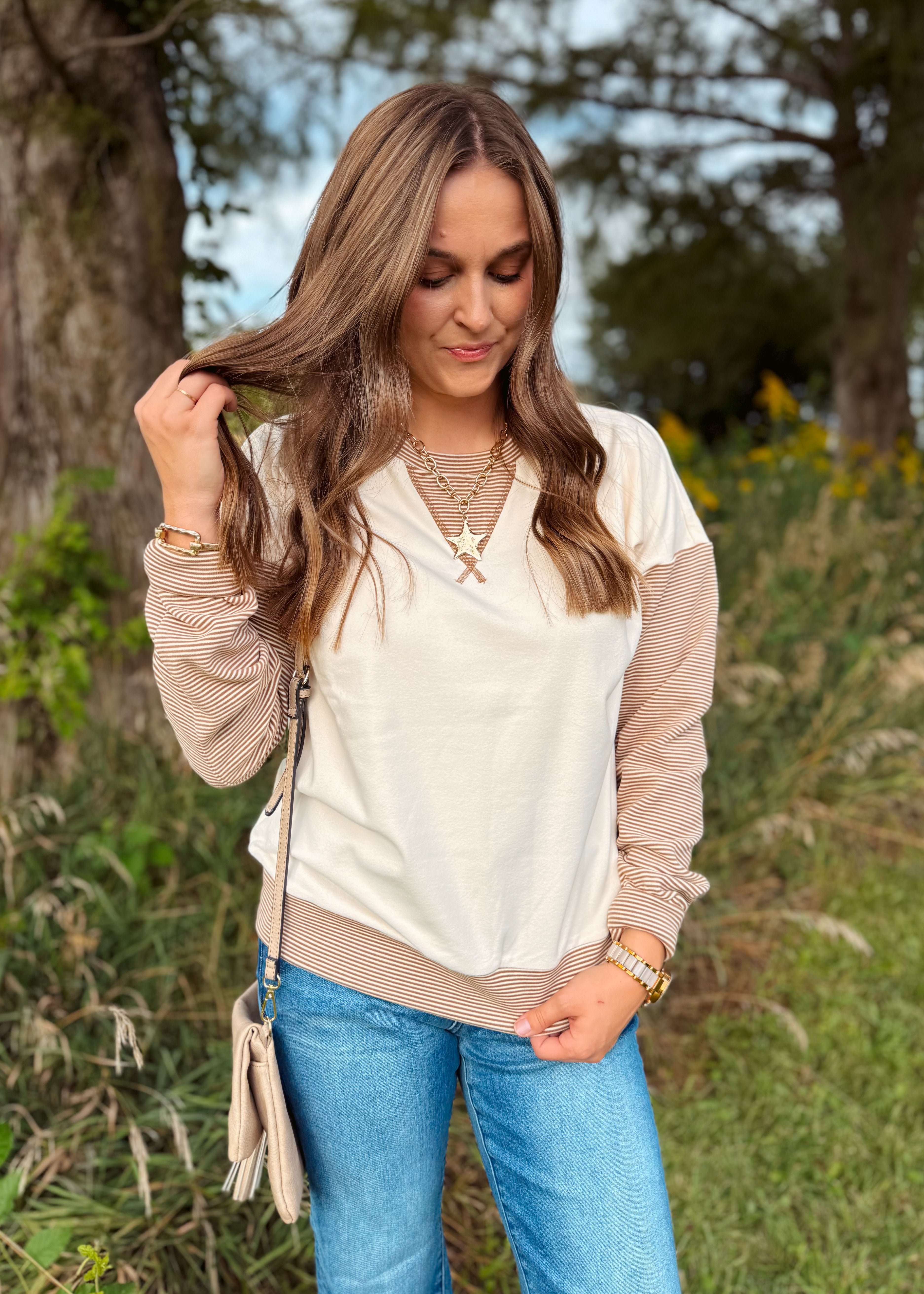 Happiness Trails Boutique - Ivory sweatshirt with camel stripe detailing on the sleeves and waistband
