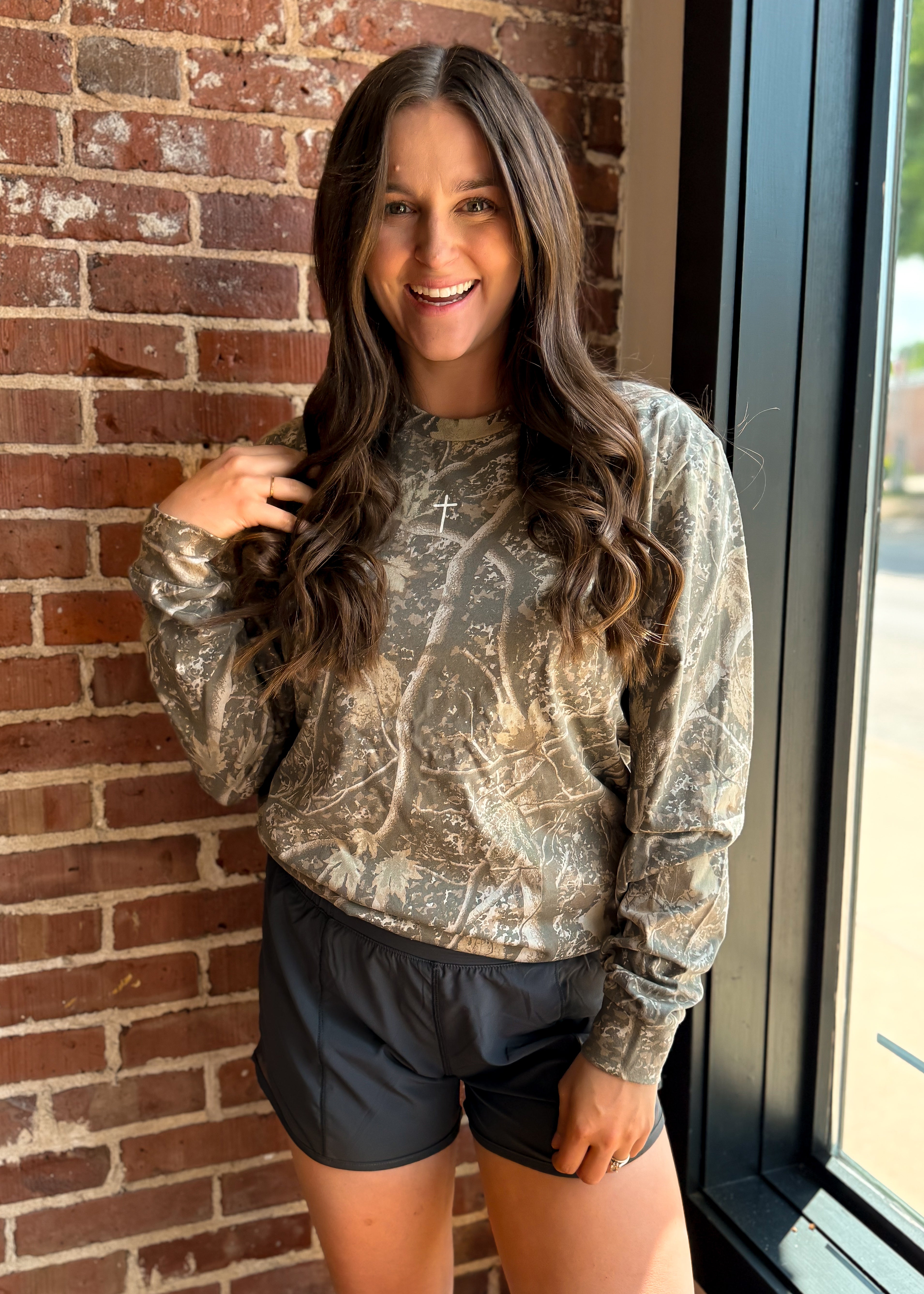 Deadwood Tree Camo Long Sleeve Graphic Tee with a screen printed Small Cross