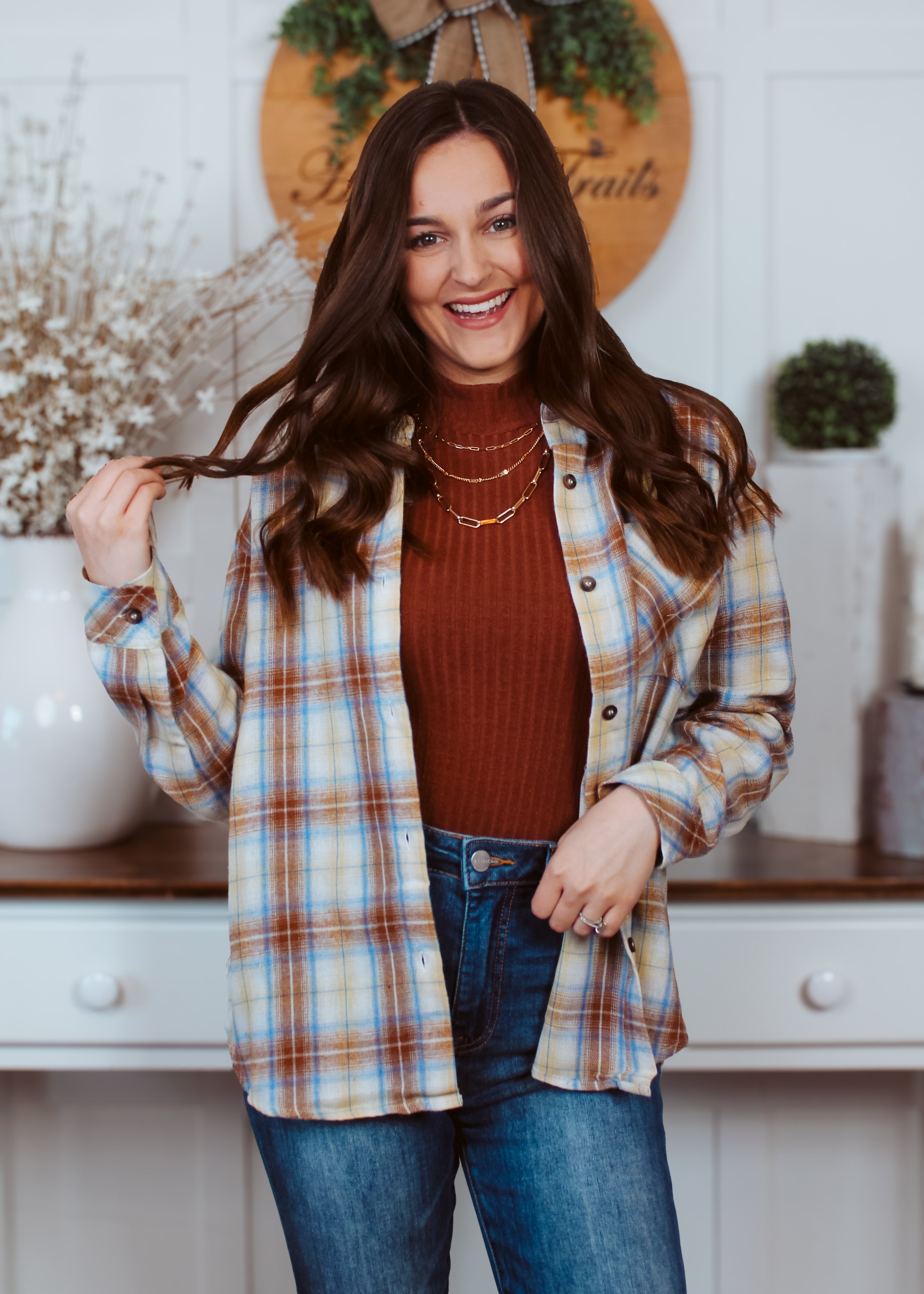 Happiness Trails Boutique - Camel/Blue plaid shacket