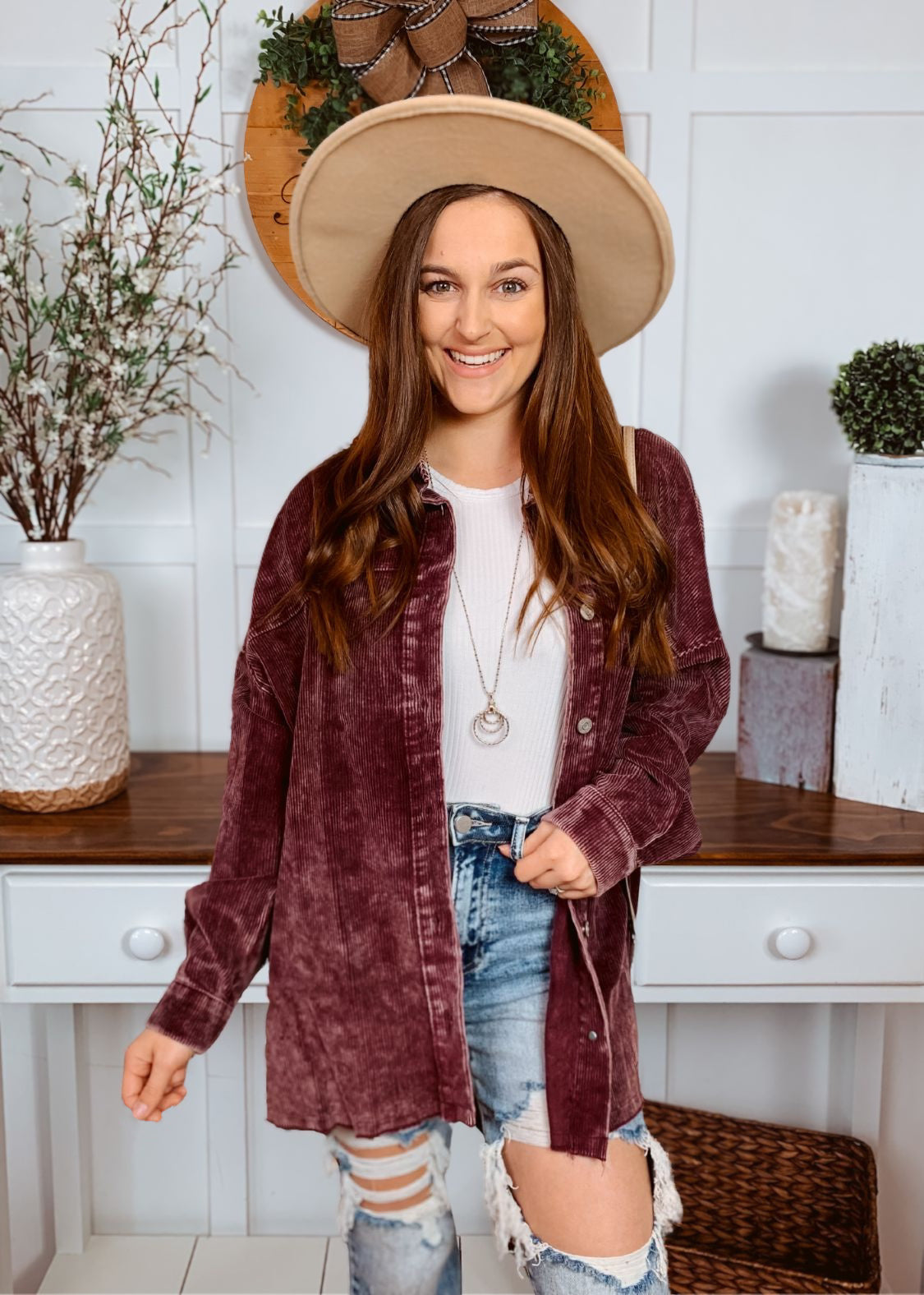 Happiness Trails Boutique - Burgundy Corduroy Shacket Plus