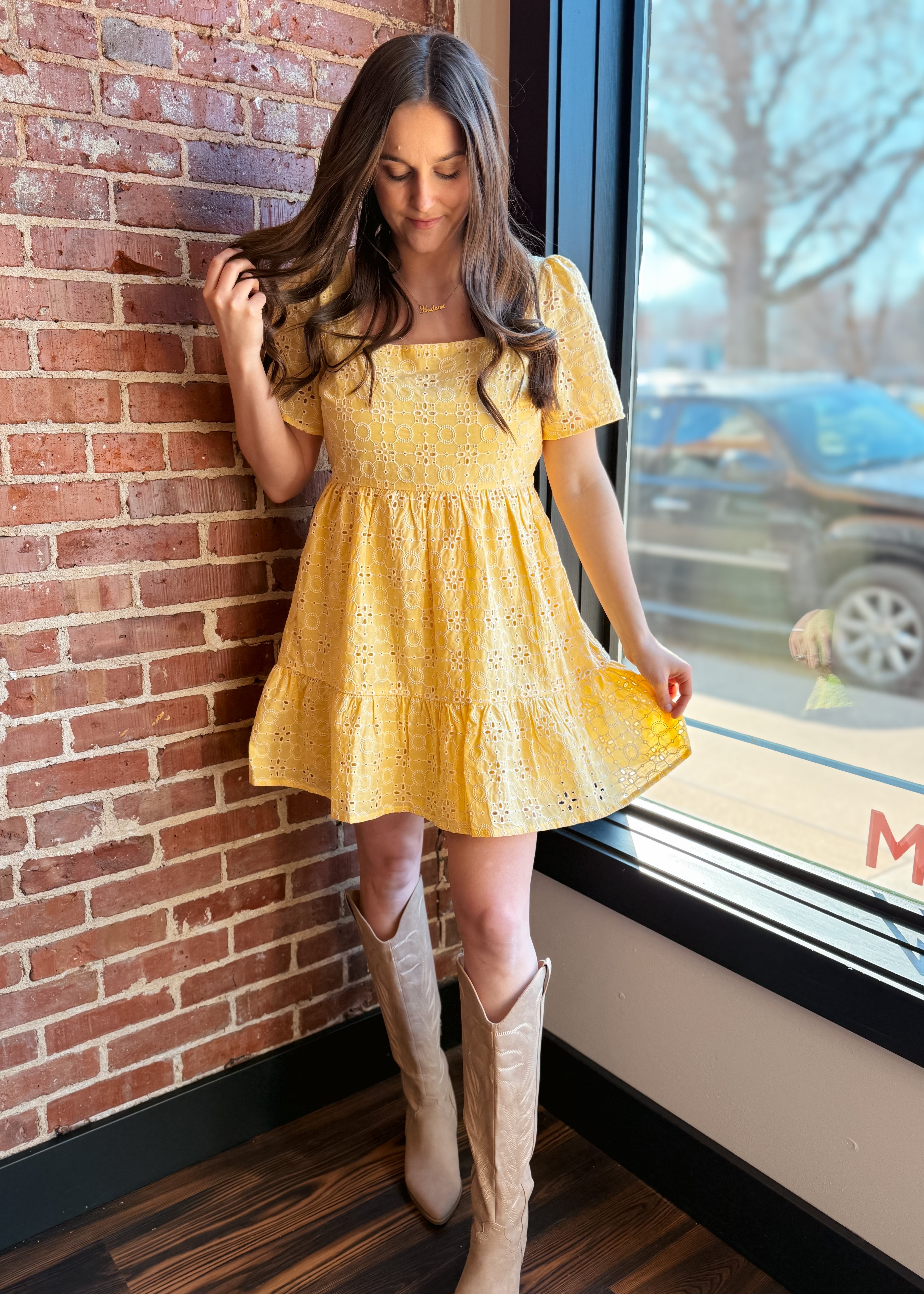 Happiness Trails Boutique - Yellow eyelet mini dress