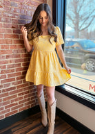Happiness Trails Boutique - Yellow eyelet mini dress