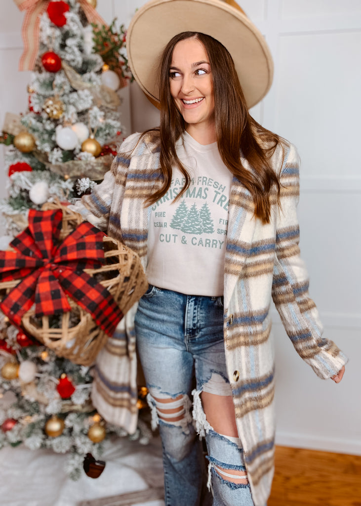 Cream & blue brushed plaid long coat