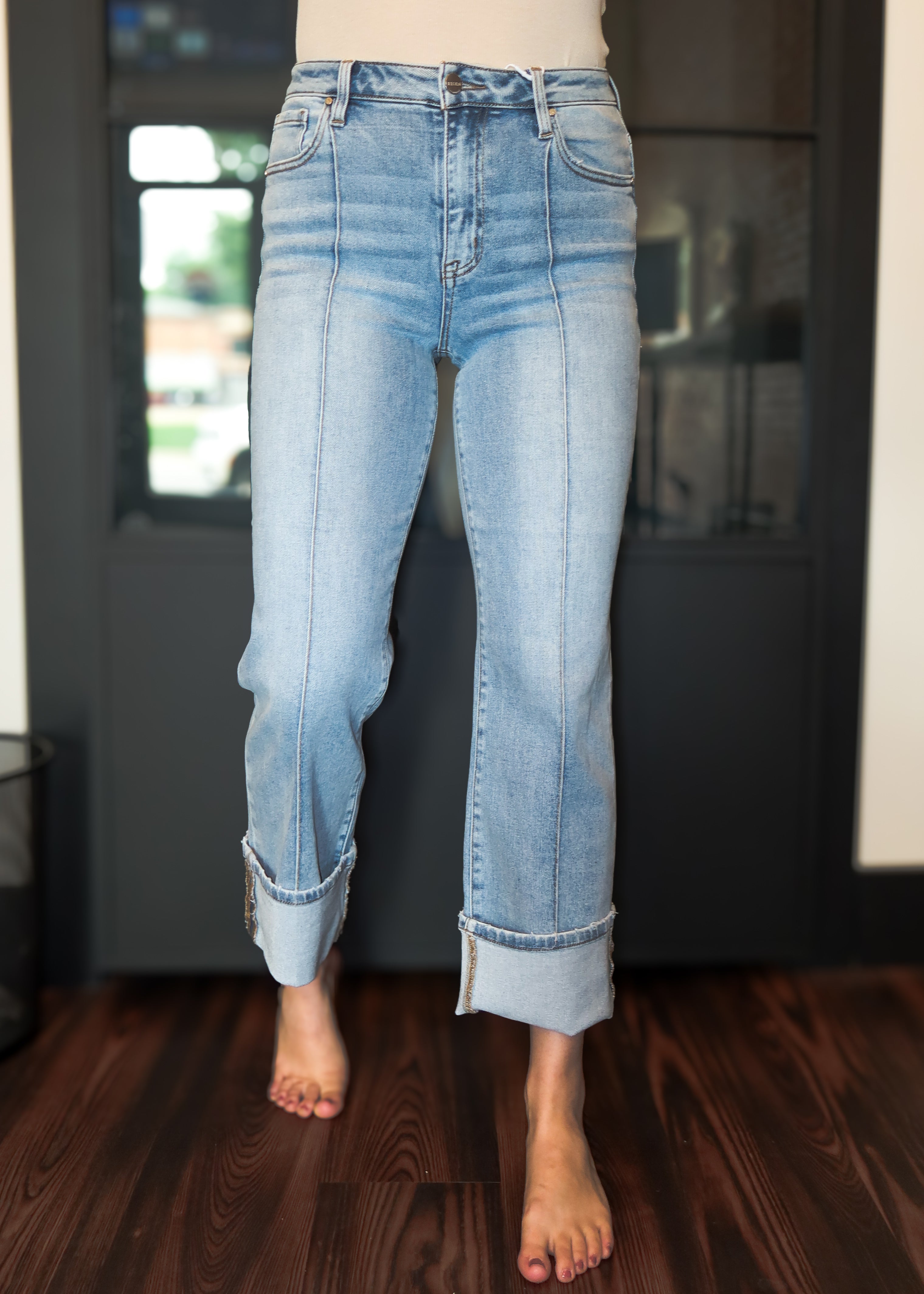 Happiness Trails Boutique - Risen high rise ankle straight wide cuffed jeans