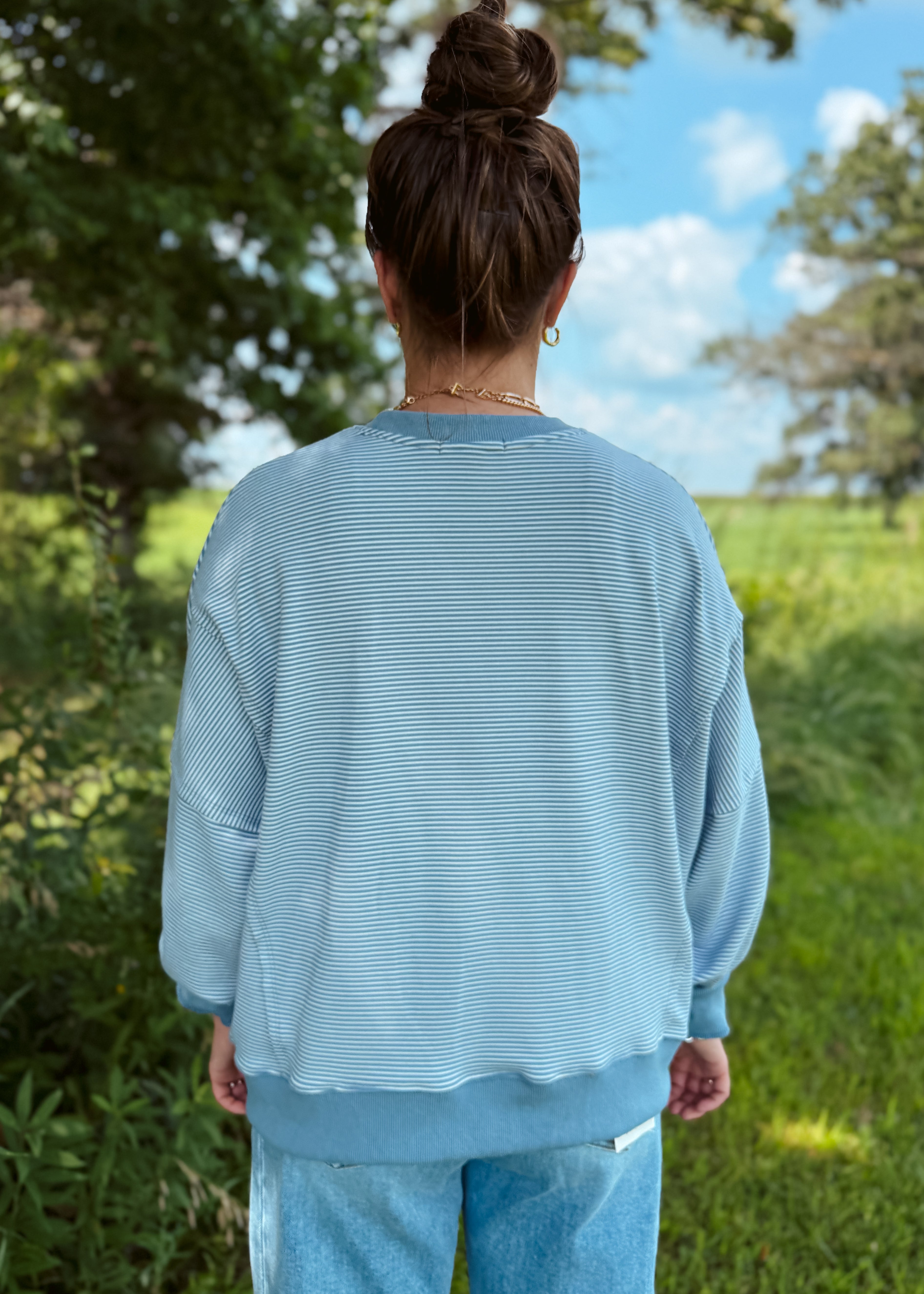 Happiness Trails Boutique - Ivory/blue striped sweatshirt