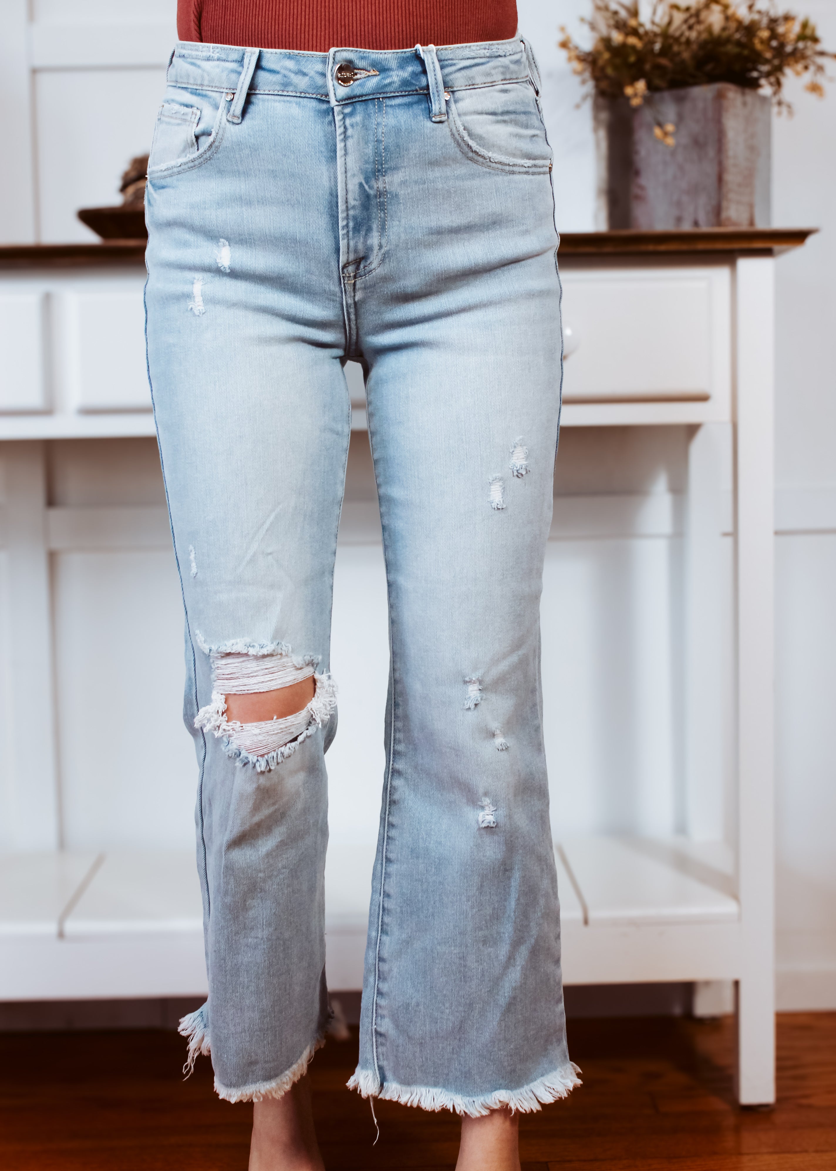 Happiness Trails Boutique -Risen jeans cropped light denim with distressing