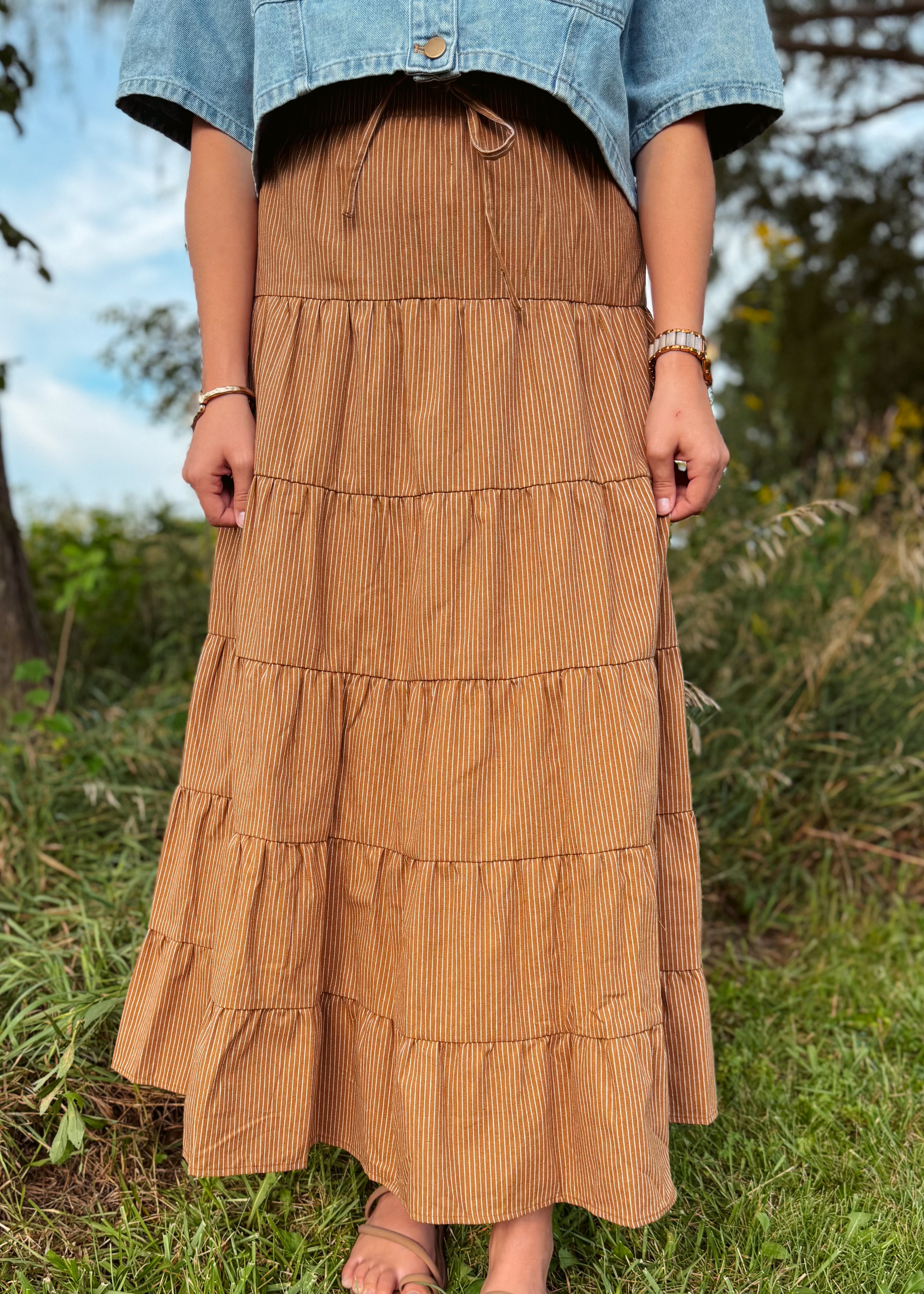 Happiness Trails Boutique - Camel striped maxi skirt