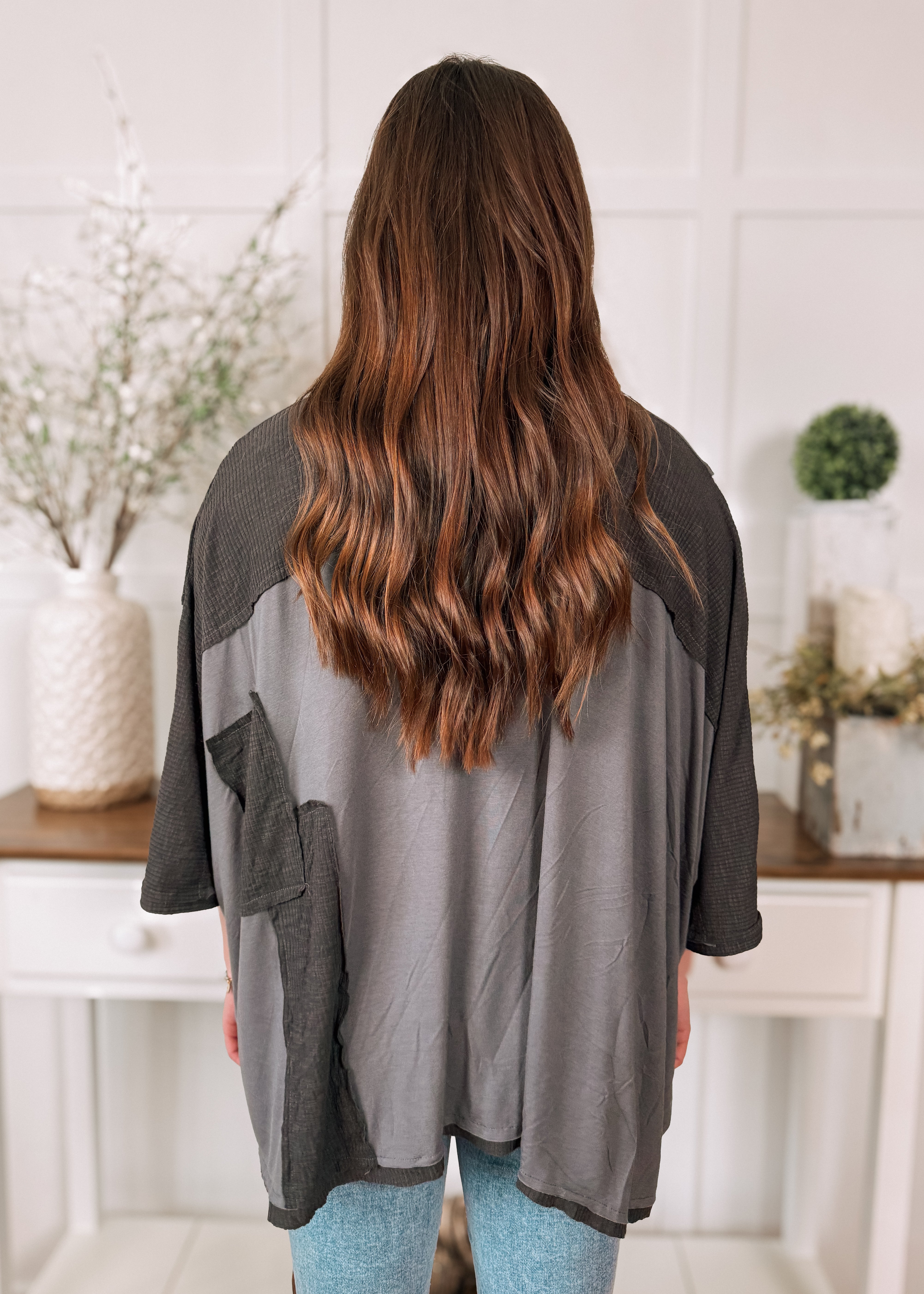 Happiness Trails Boutique - Charcoal mixed fabric knit long sleeve top