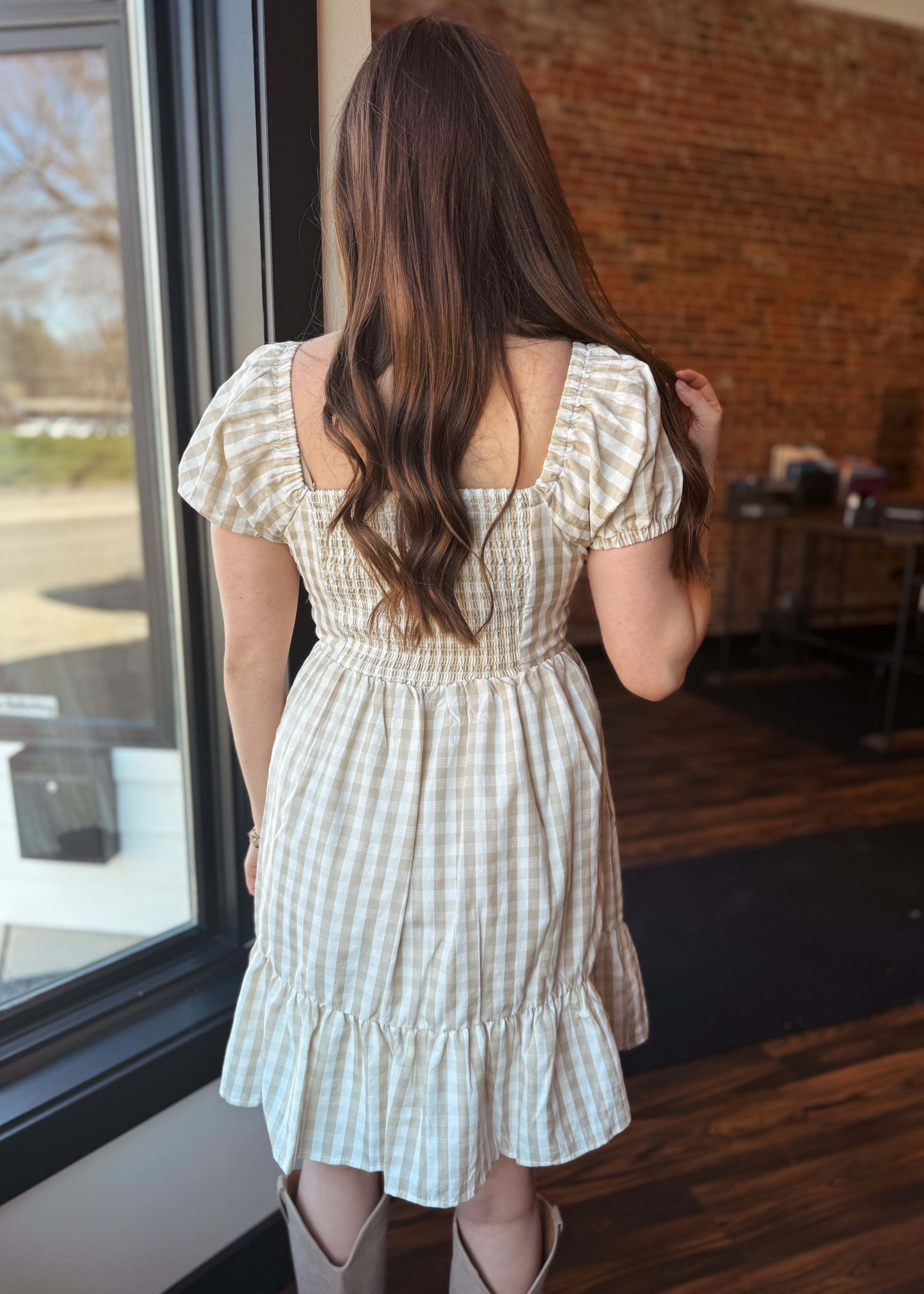 Happiness Trails Boutique - Taupe and white gingham dress