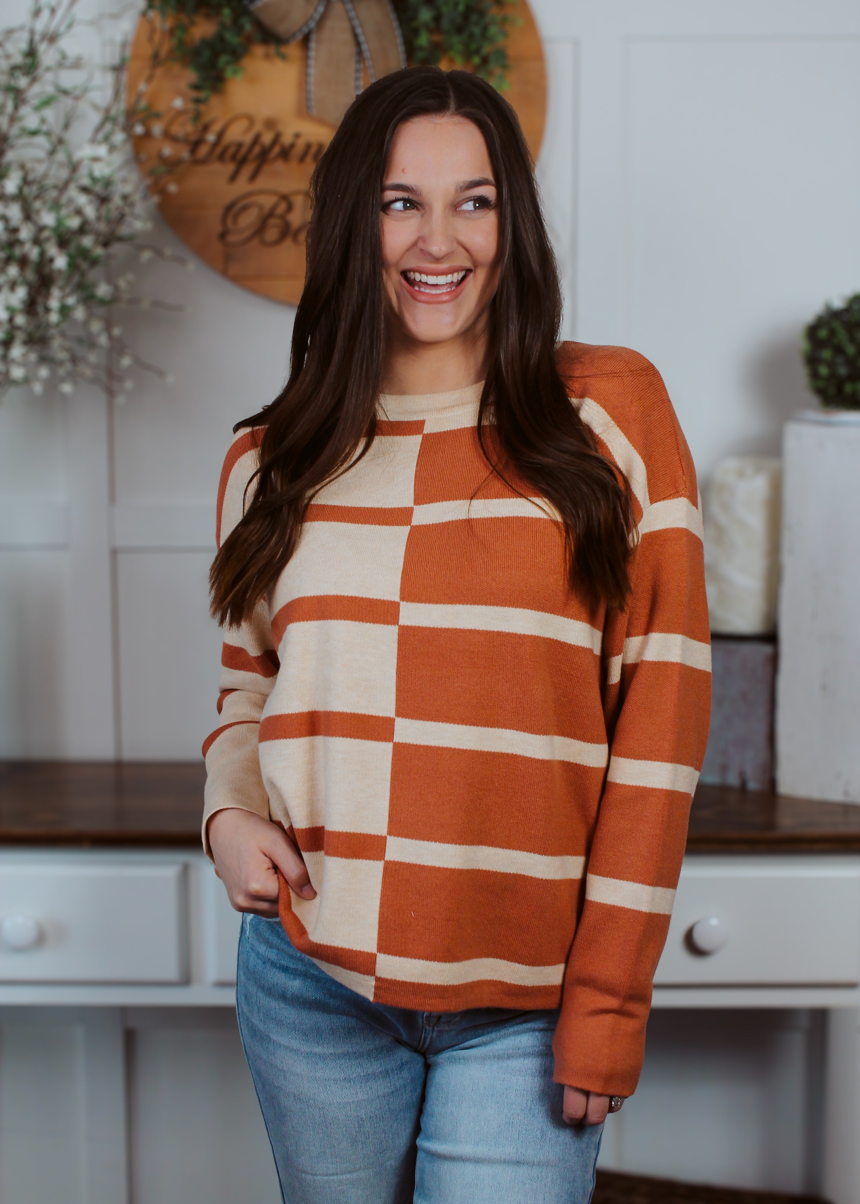 Happiness Trails Boutique - Terracotta striped color block sweater