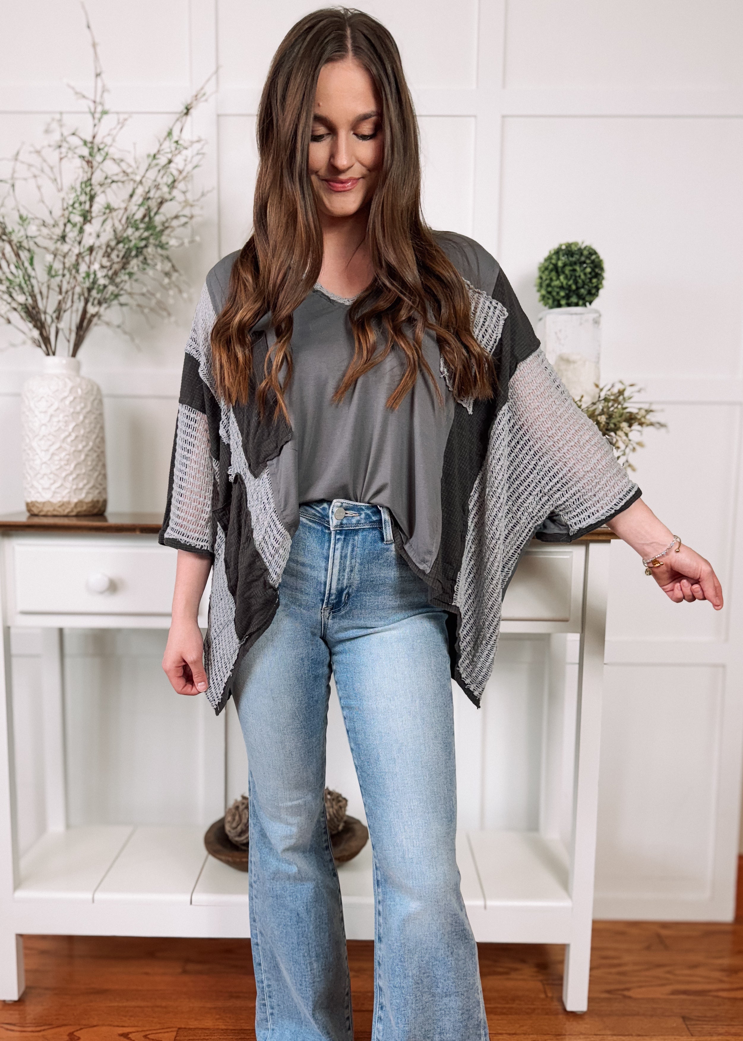 Happiness Trails Boutique - Charcoal mixed fabric knit long sleeve top