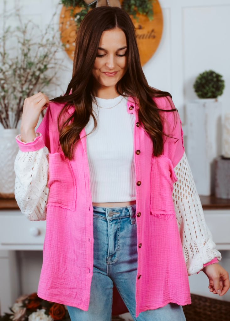 Pink Shacket with white crochet sleeves
