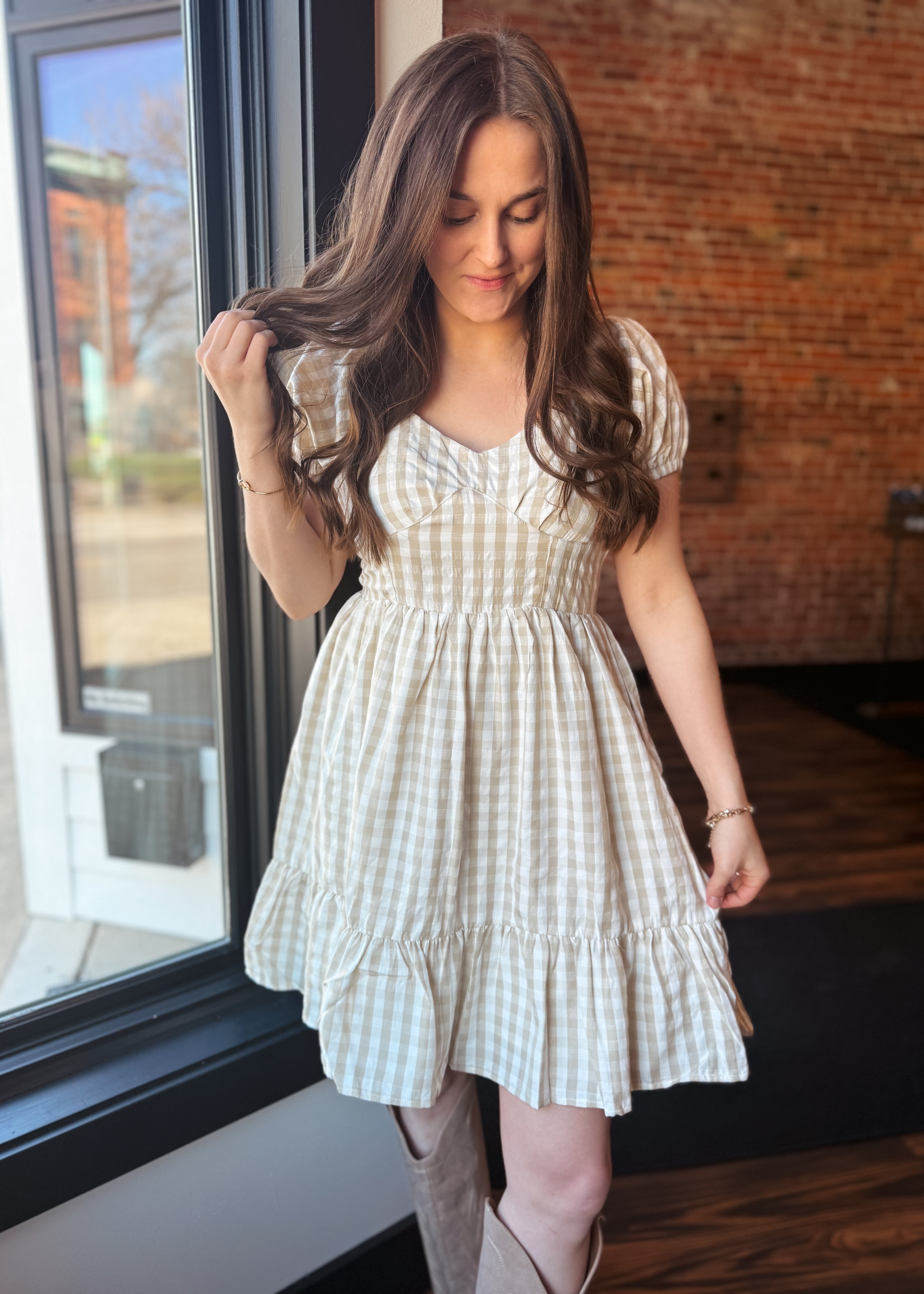 Happiness Trails Boutique - Taupe and white gingham dress