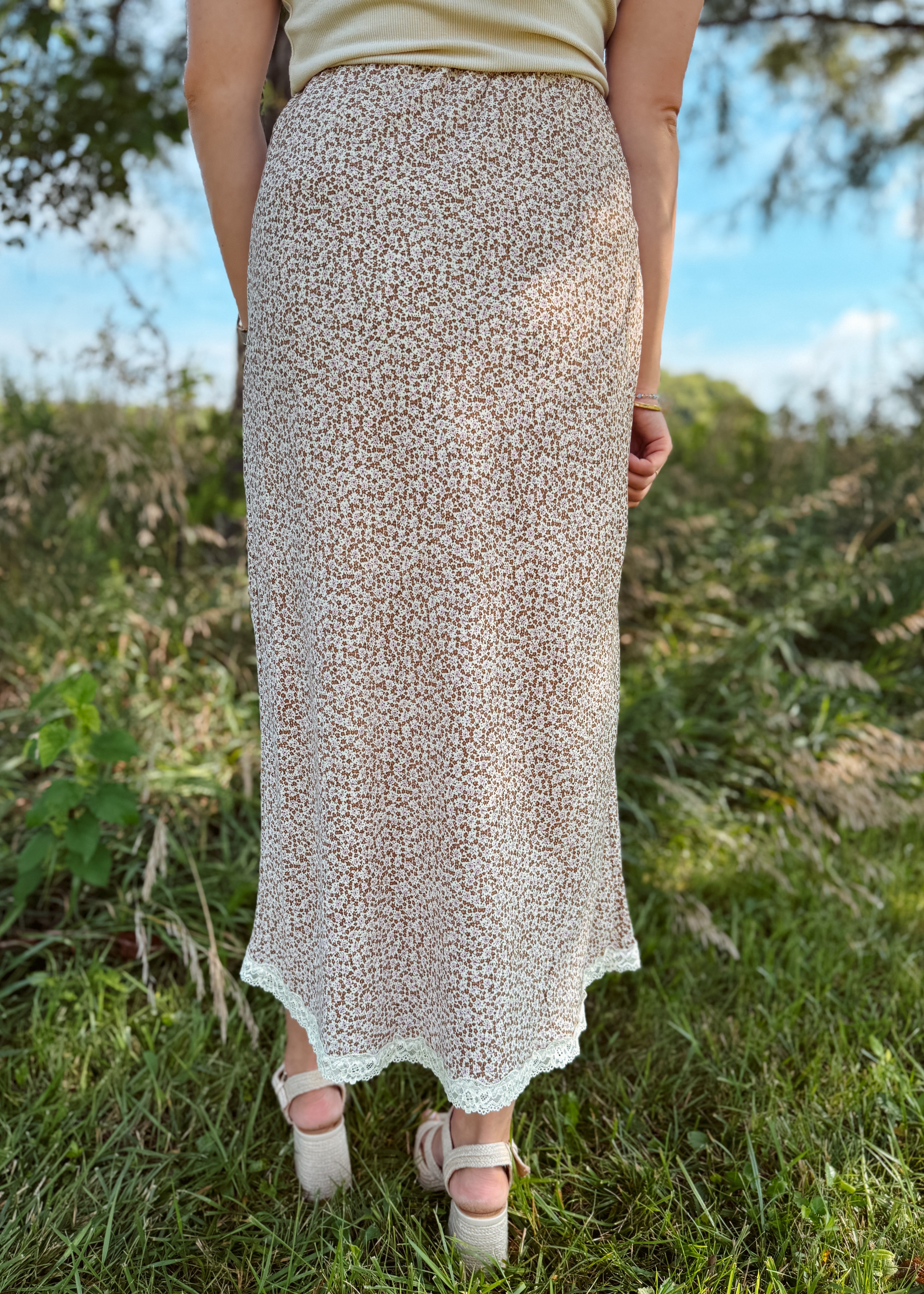 Happiness Trails Boutique - Mocha/pink floral midi skirt