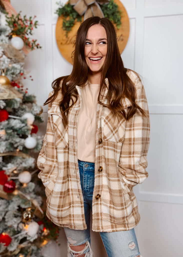 Khaki sherpa fleece plaid shacket