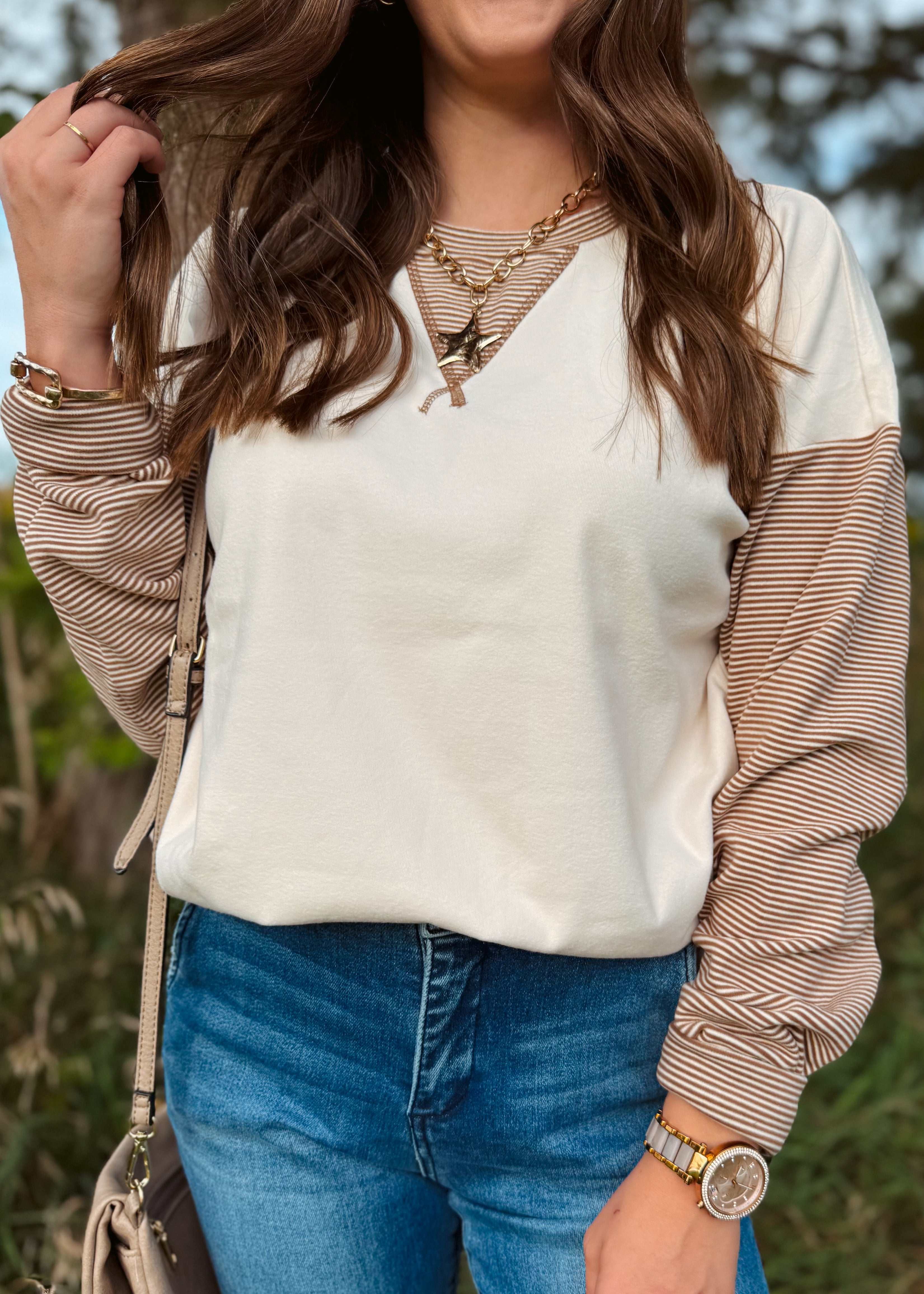 Happiness Trails Boutique - Ivory sweatshirt with camel stripe detailing on the sleeves and waistband