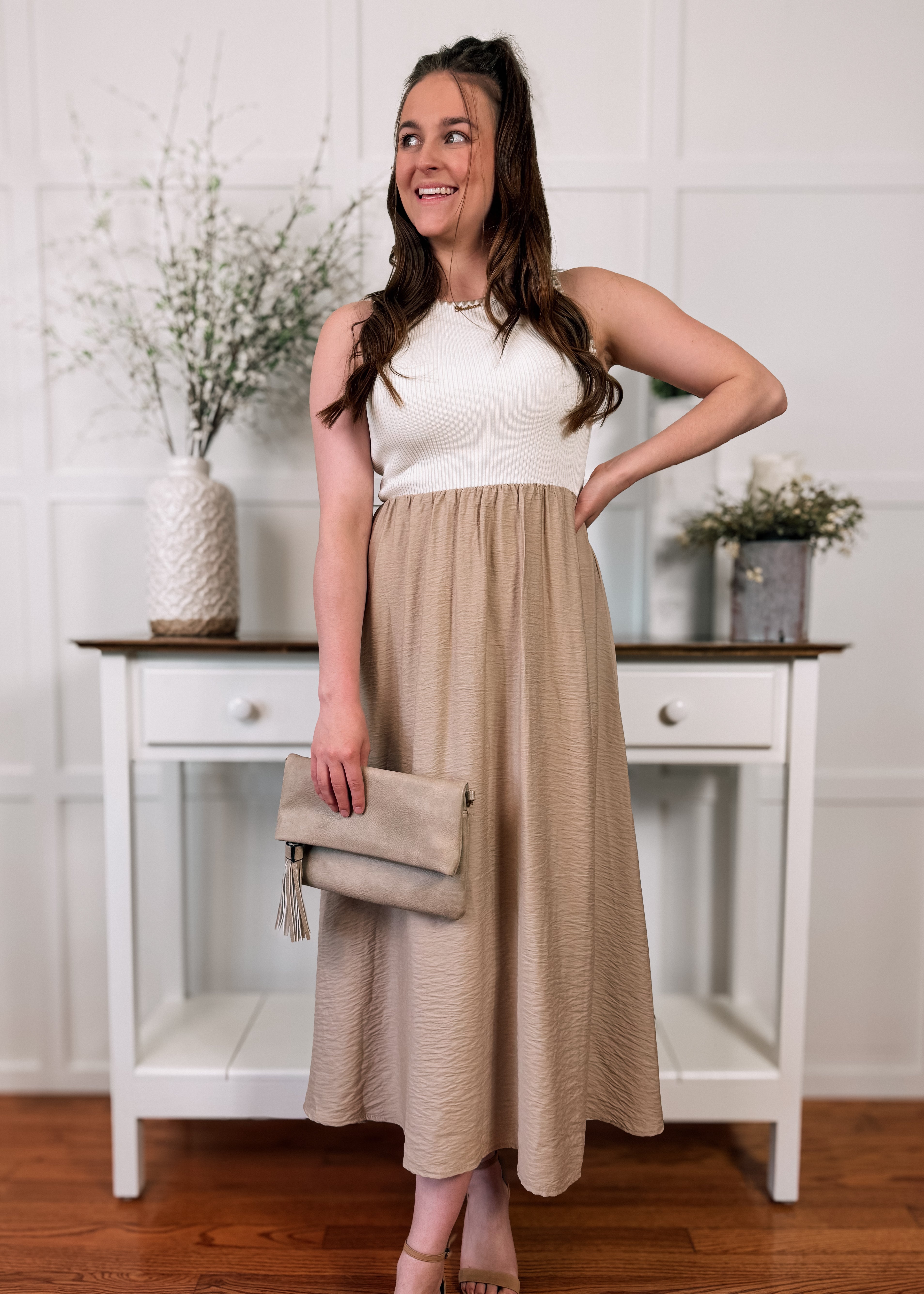 Happiness Trails Boutique - Ivory/tan midi dress