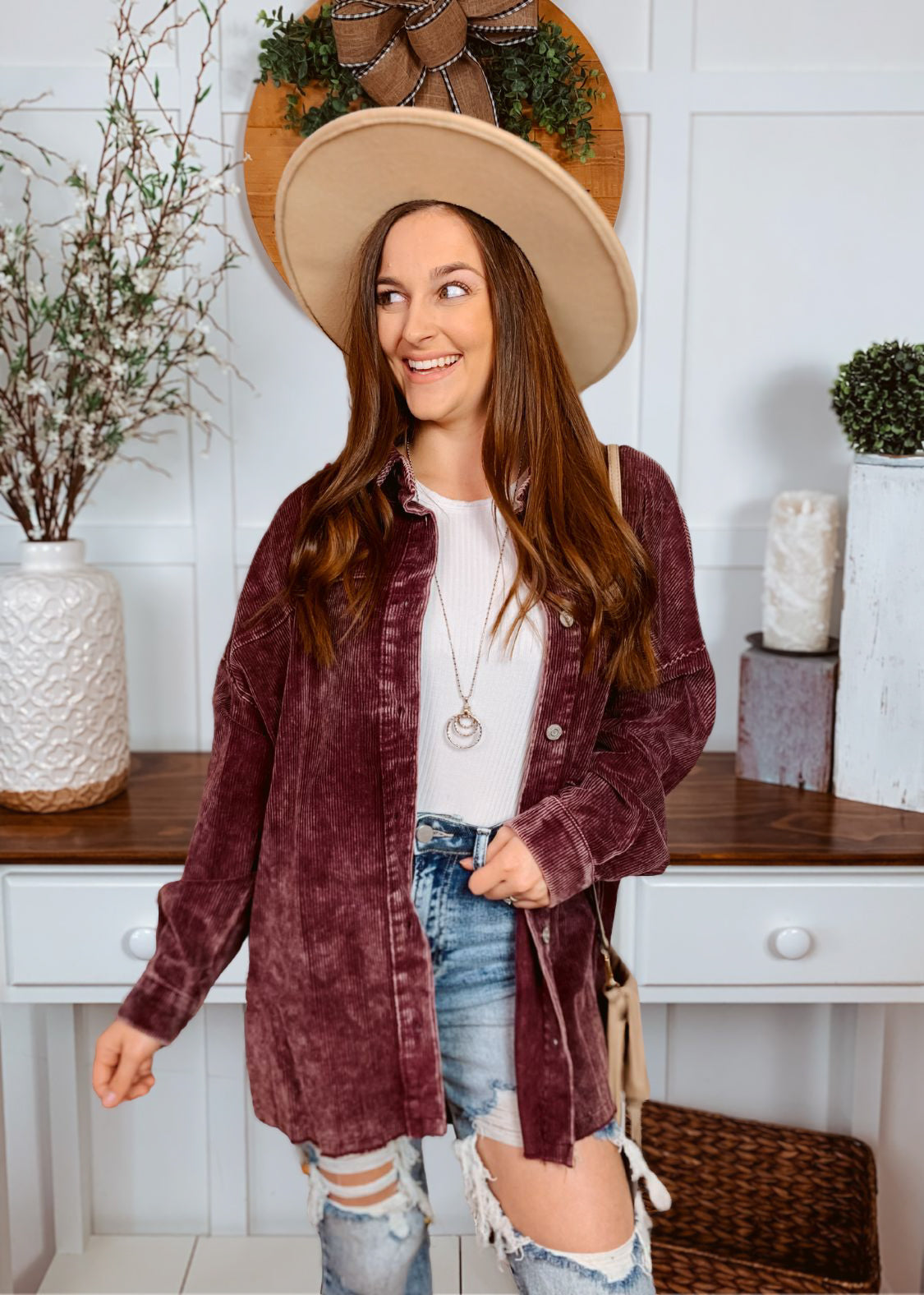 Happiness Trails Boutique - Burgundy Corduroy Shacket Plus