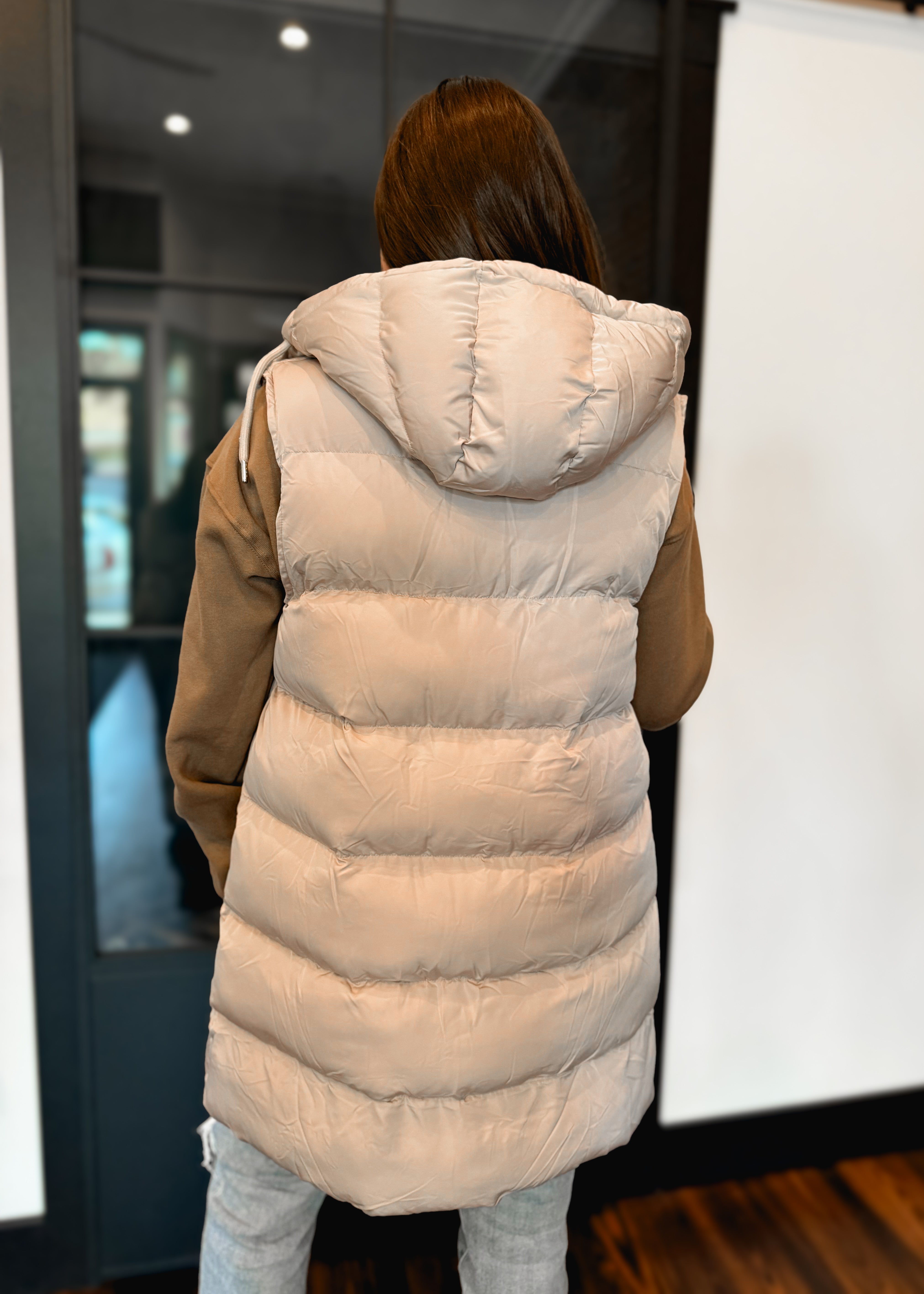Happiness Trails Boutique - Beige hooded long puffer vest
