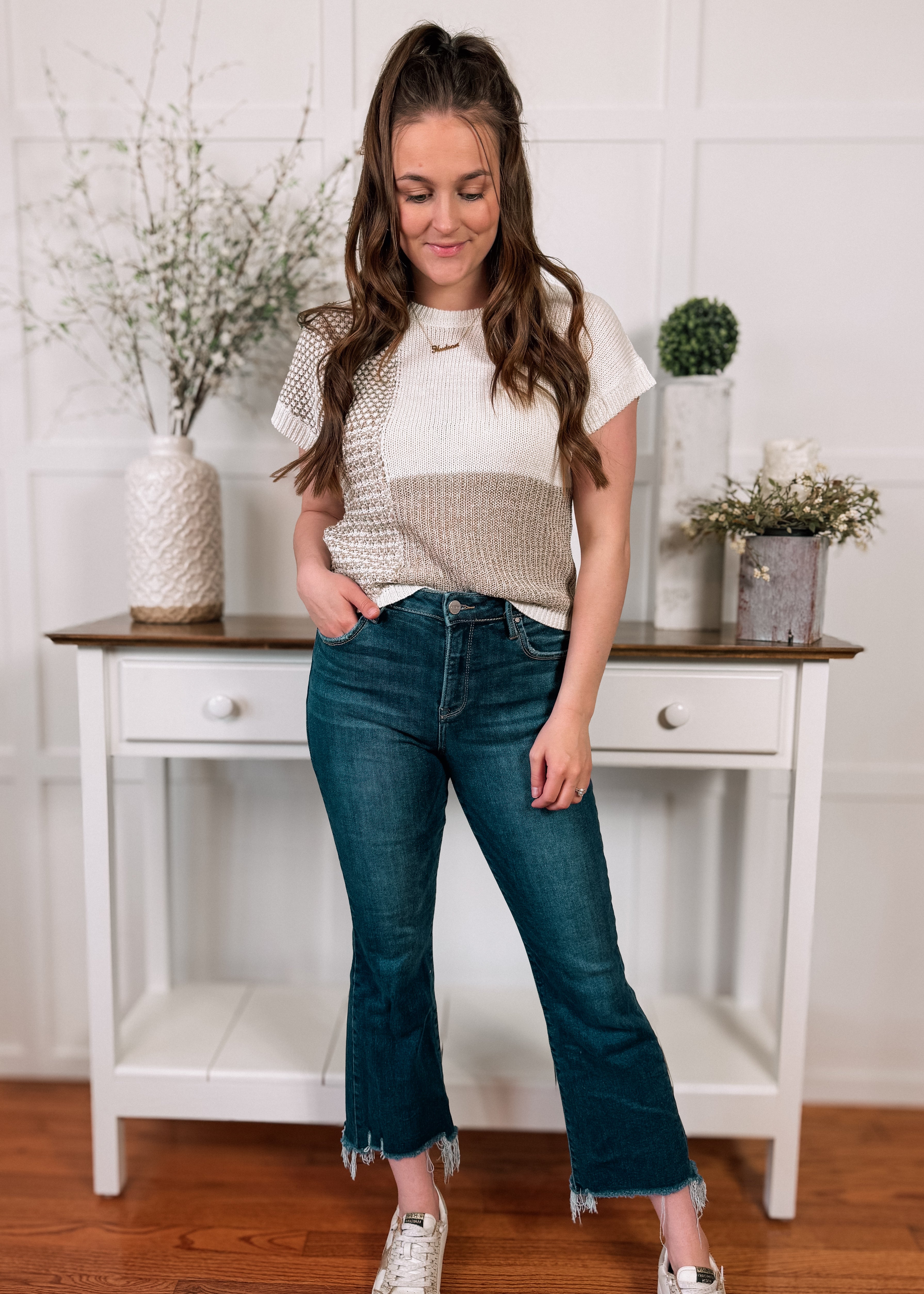 Happiness Trails Boutique - Ivory/tan color block short sleeve top