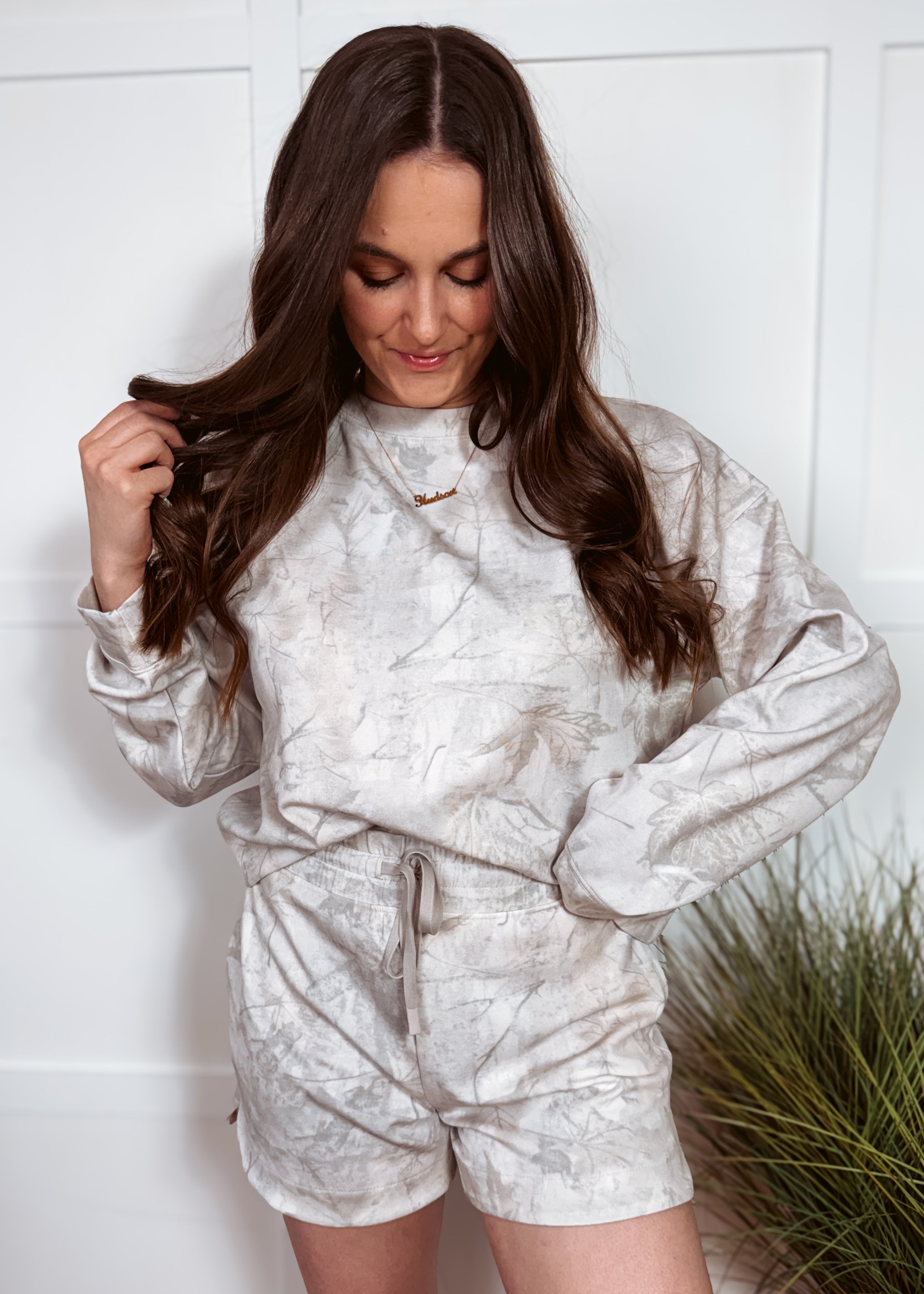 Happiness Trails Boutique - Stone tree camo sweatshirt and short set