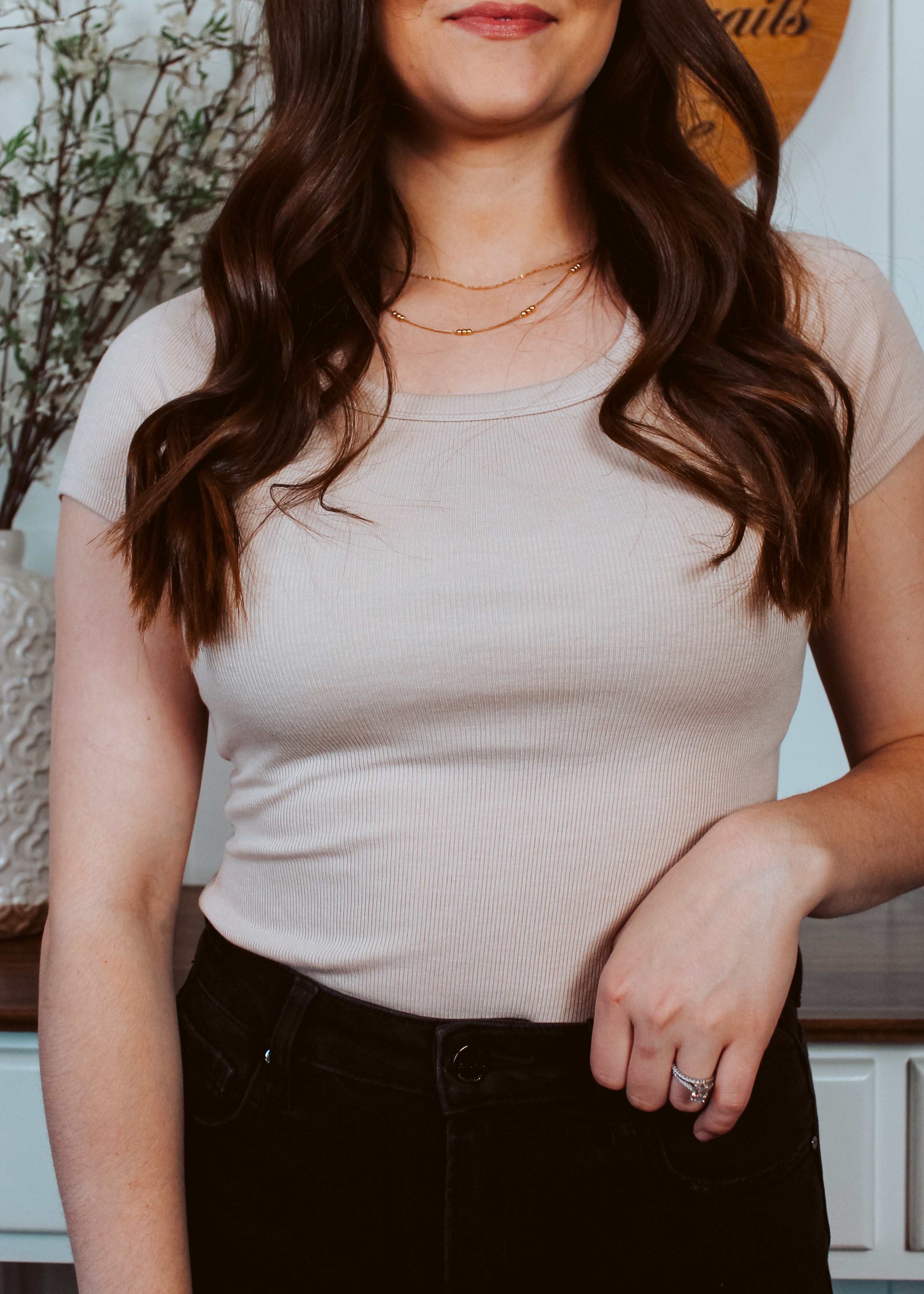 Happiness Trails Boutique - Taupe ribbed short sleeve top