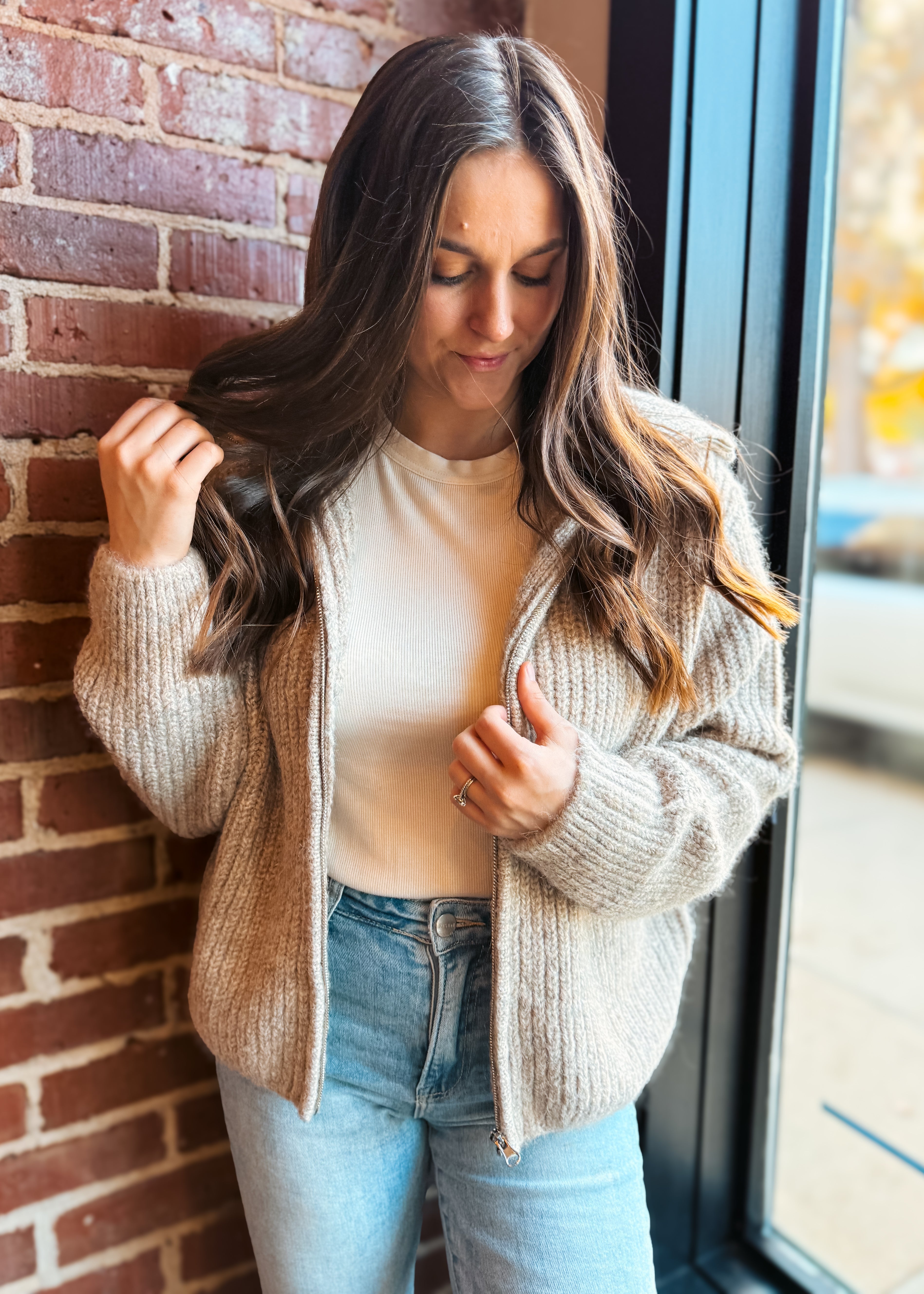 Happiness Trails Boutique - Heather beige zip knit sweater
