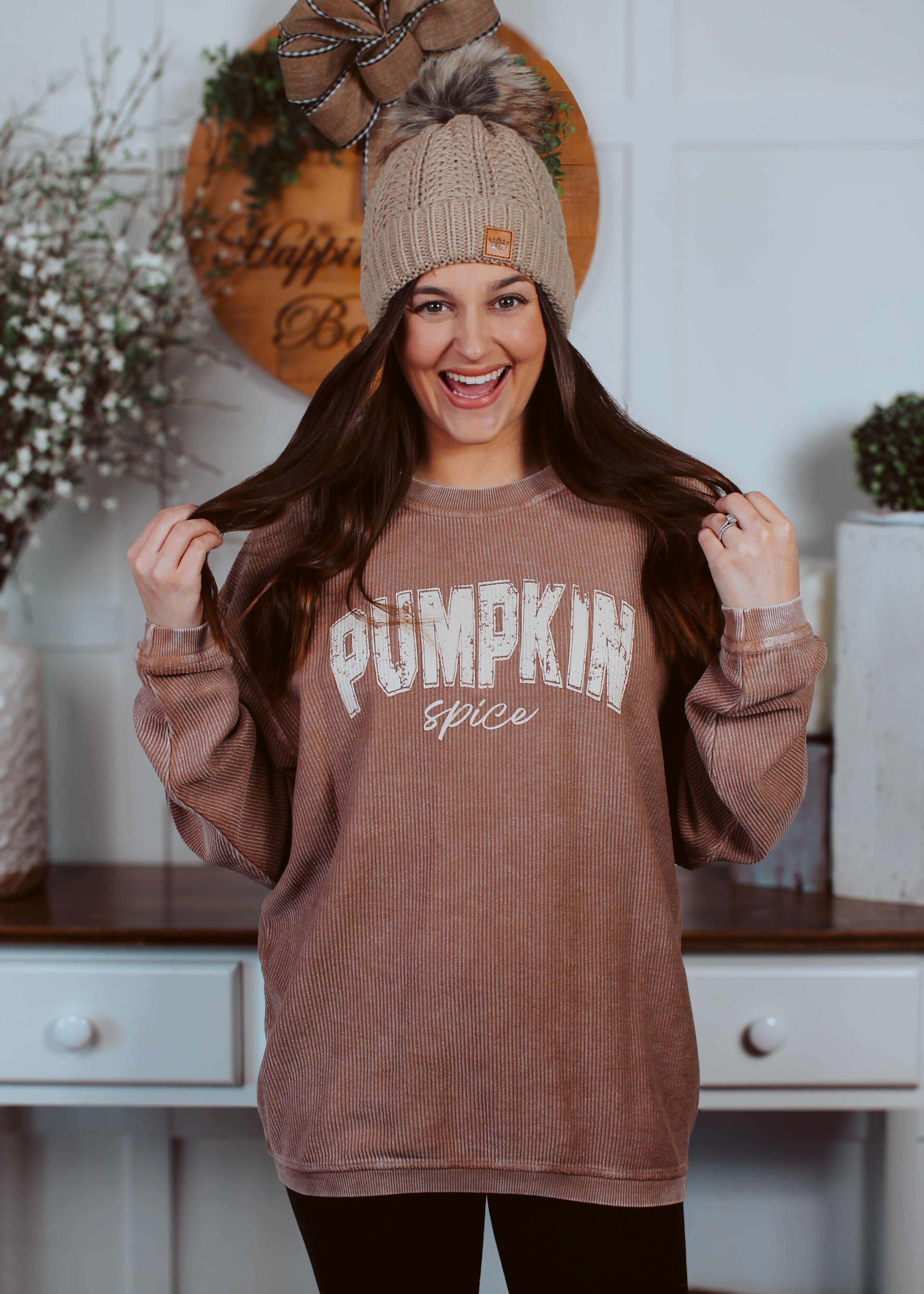 Pumpkin Spice Corded Sweatshirt Taupe Happiness Trails Boutique LLC