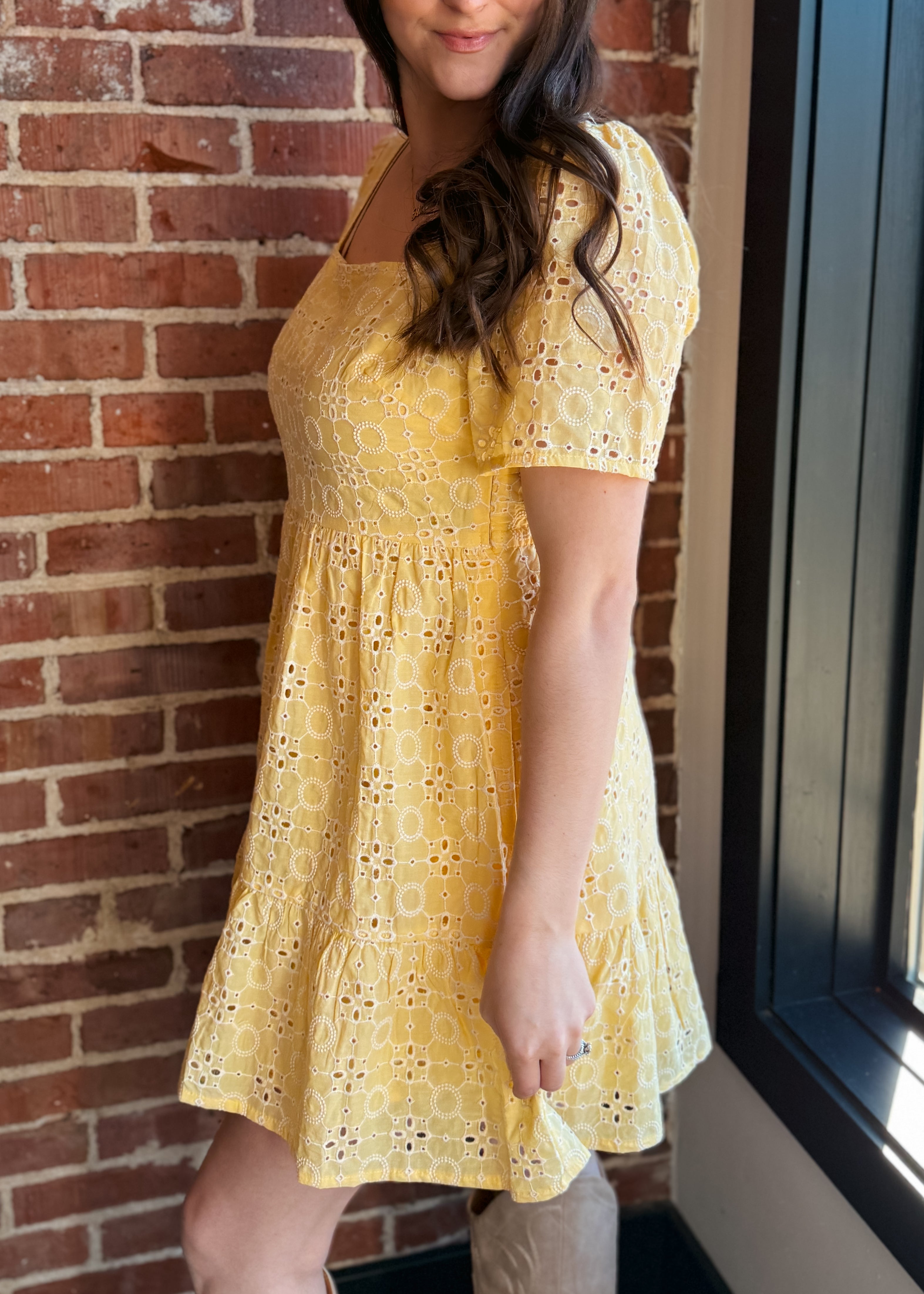 Happiness Trails Boutique - Yellow eyelet mini dress
