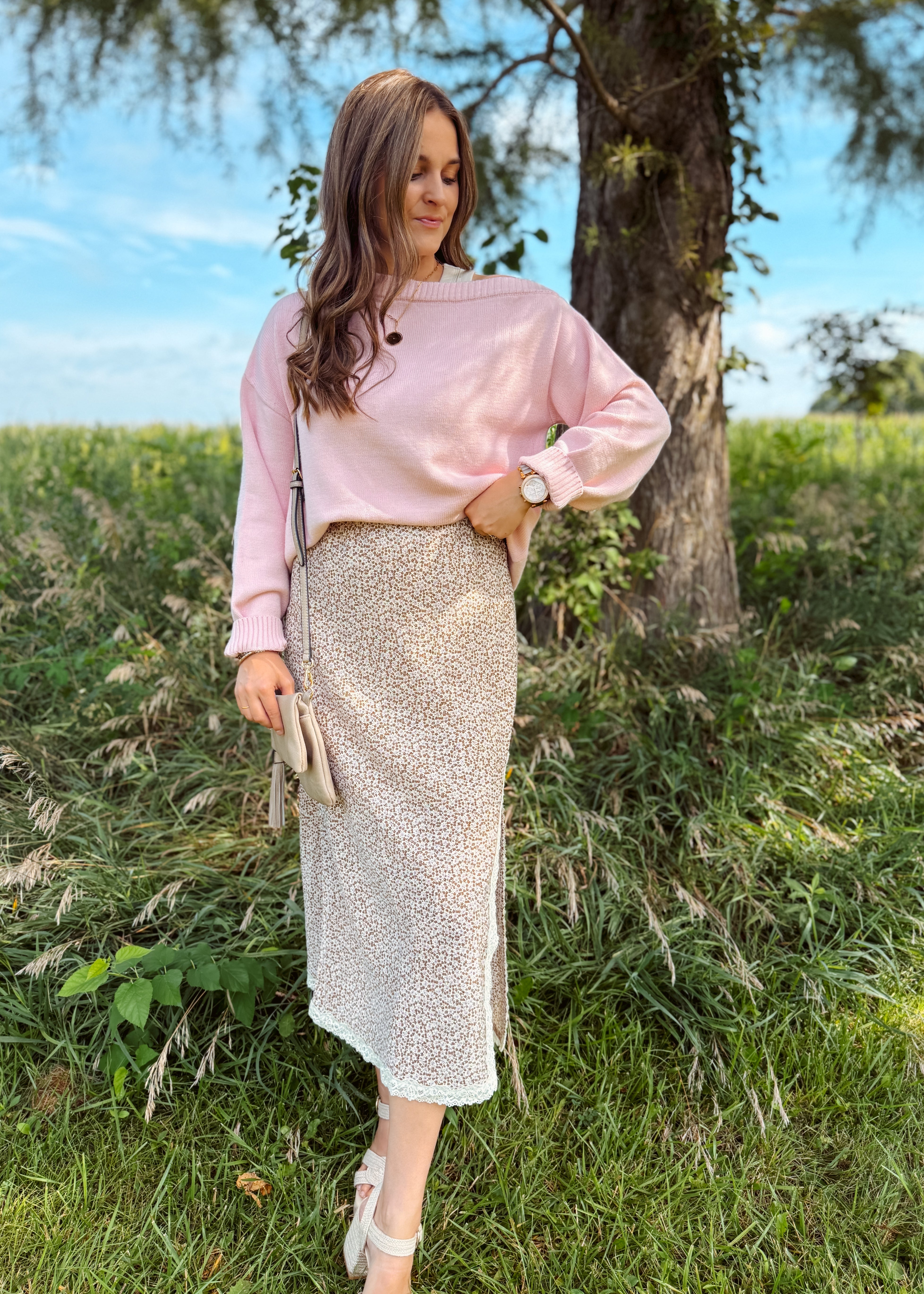 Happiness Trails Boutique - Mocha/pink floral midi skirt